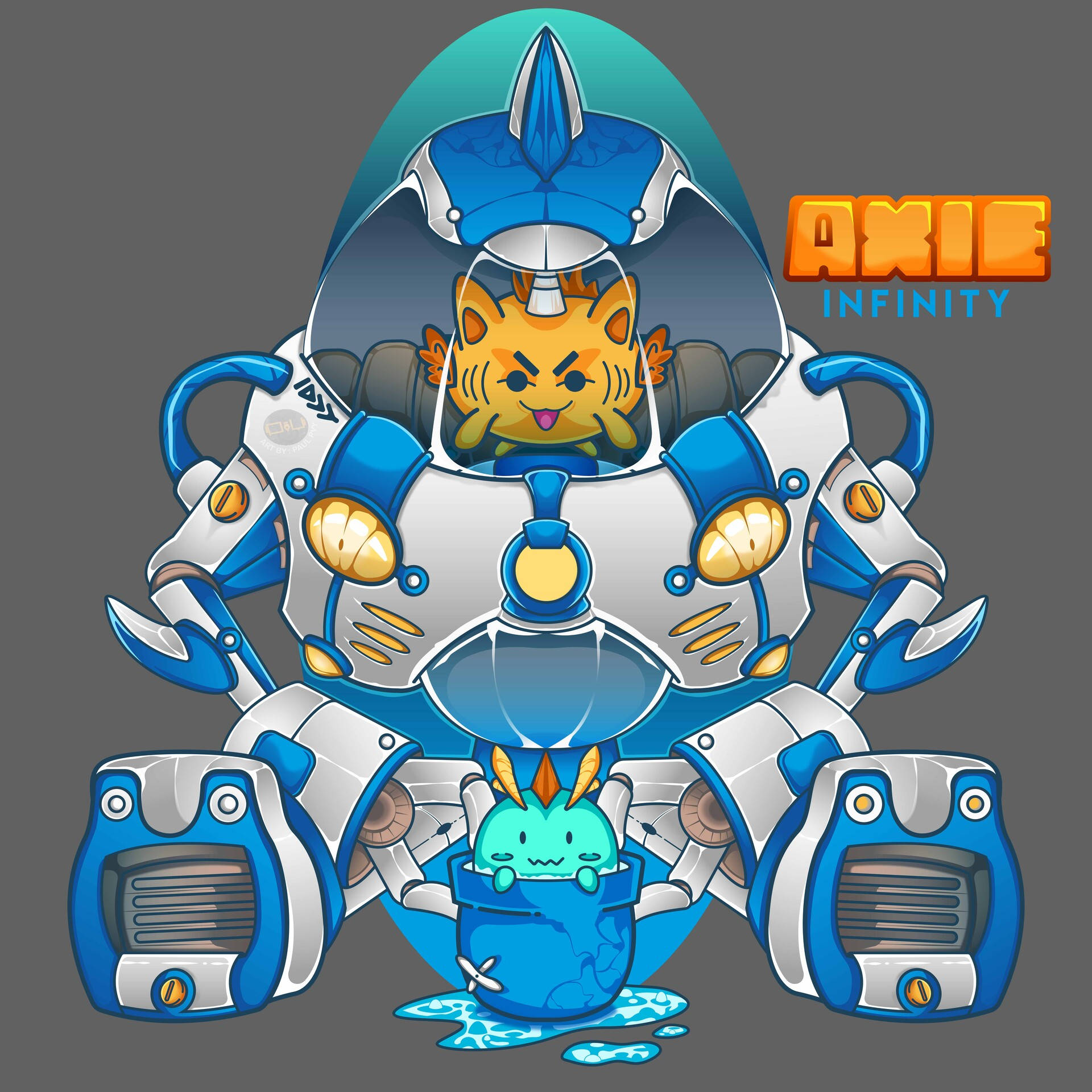 infinity 桌布 壁紙 — 一個卡通 axie 穿著藍色和銀色的機甲套裝，表情暴躁，下面有一個小藍色 axie 在桶子裡。
