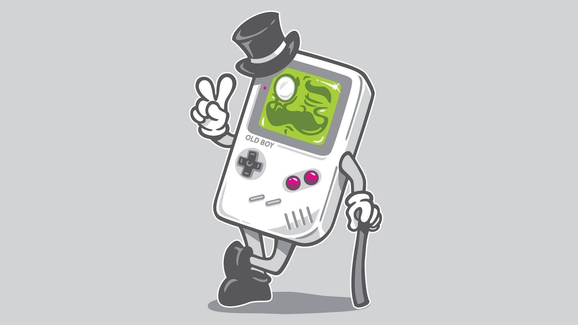 game 桌布 壁紙 — 一個卡通 Game Boy 戴著高帽和拿著手杖，在純灰色背景前擺出和平手勢。