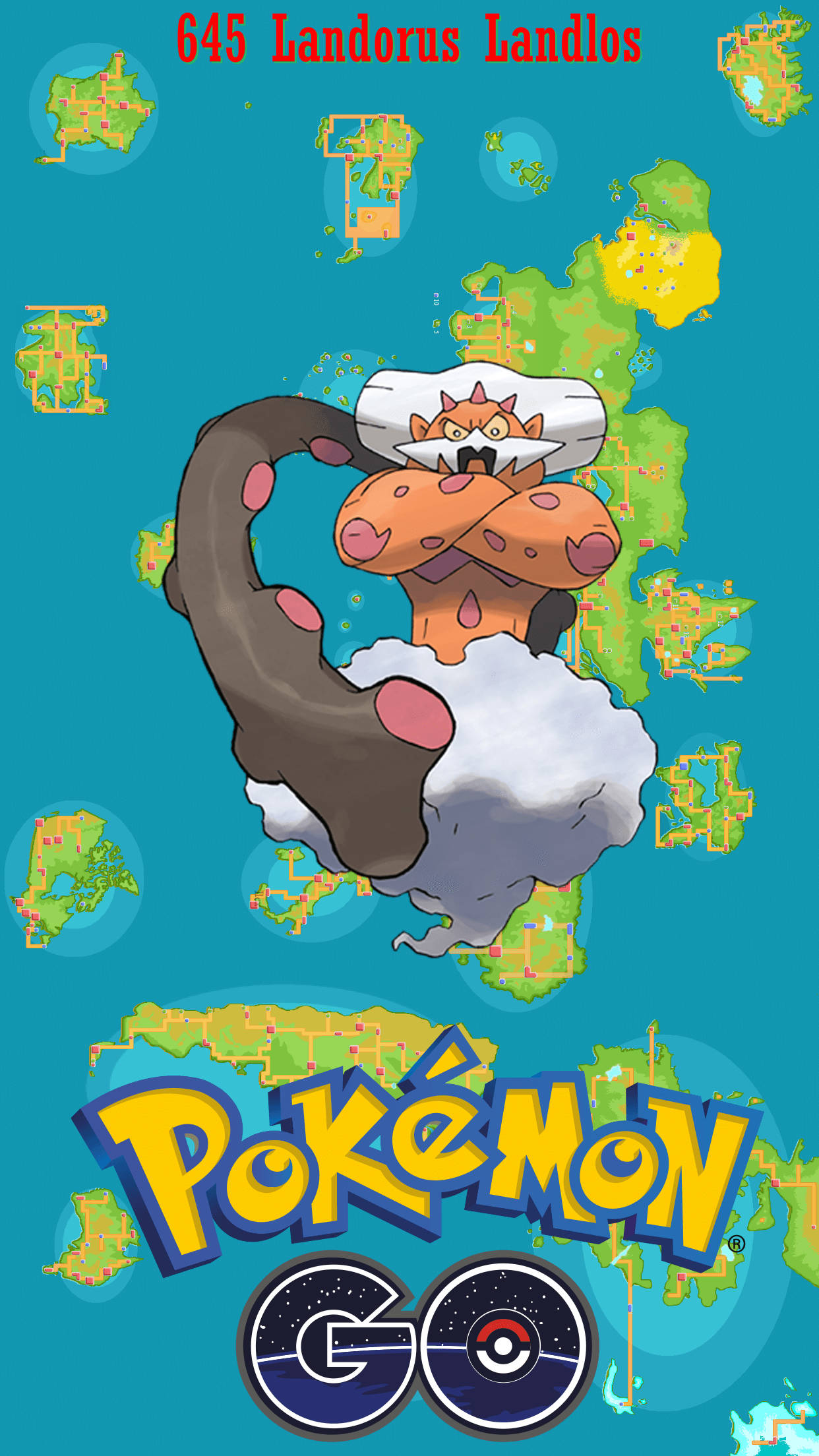寶可夢 桌布 壁紙 — 一個卡通 Landorus 站在雲端上，背景是青綠色，帶有 Pokémon GO 標誌和地圖碎片。