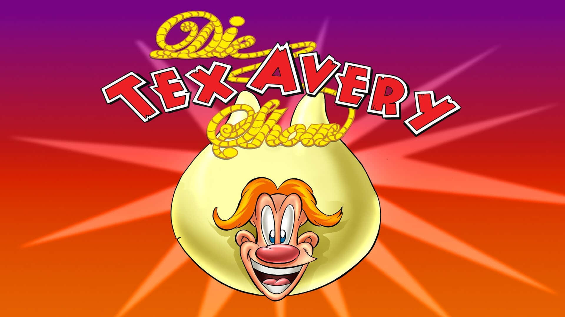 The Wacky World Of Tex Avery 桌布 壁紙 — 一個卡通 Tex Avery 標誌，黃色炸彈上有一張笑臉，背景是充滿活力的紫橙色漸層。