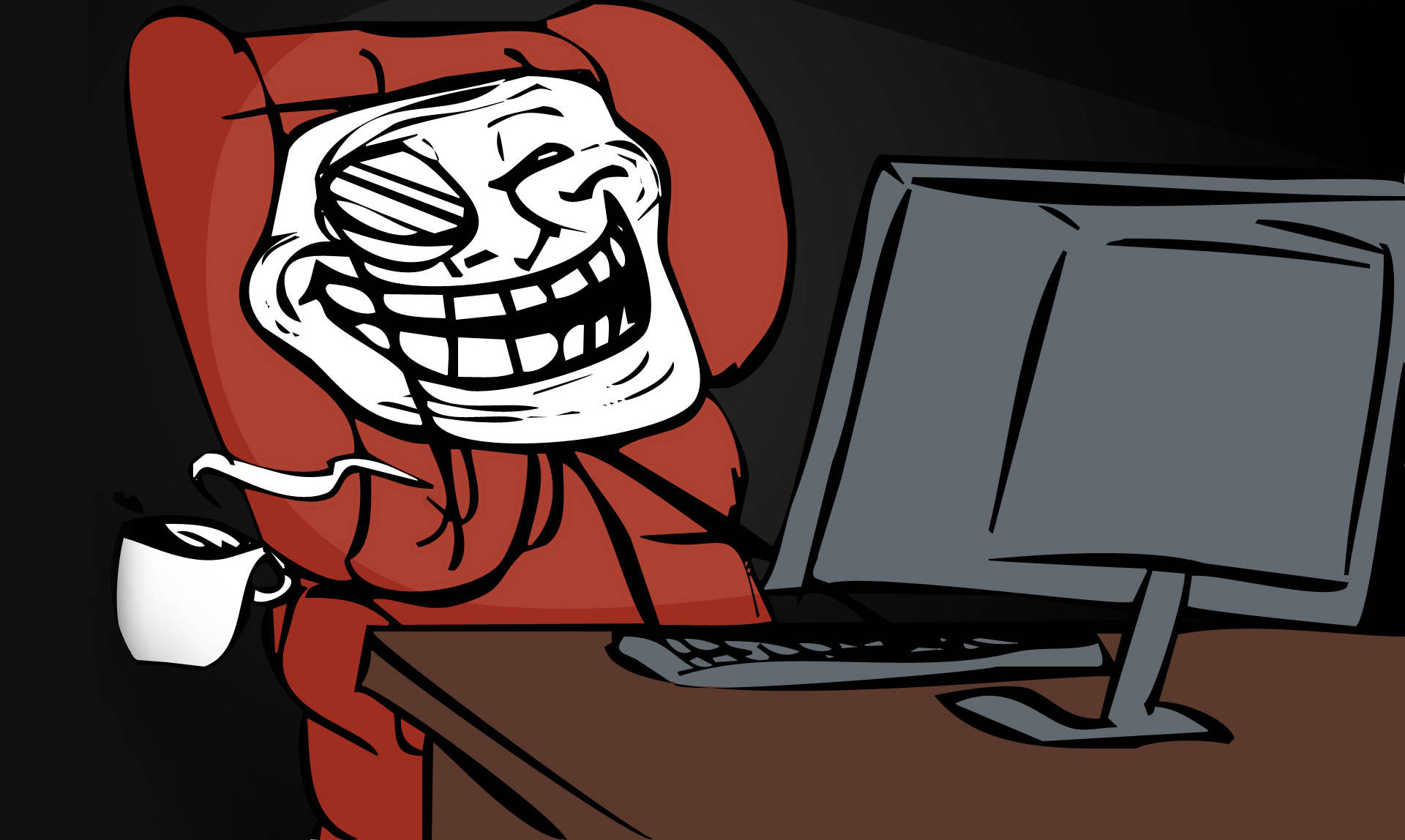 meme 桌布 壁紙 — 一個卡通 troll 臉，穿著紅色連帽衫，對著電腦狂笑，旁邊放著一杯冒煙的咖啡。