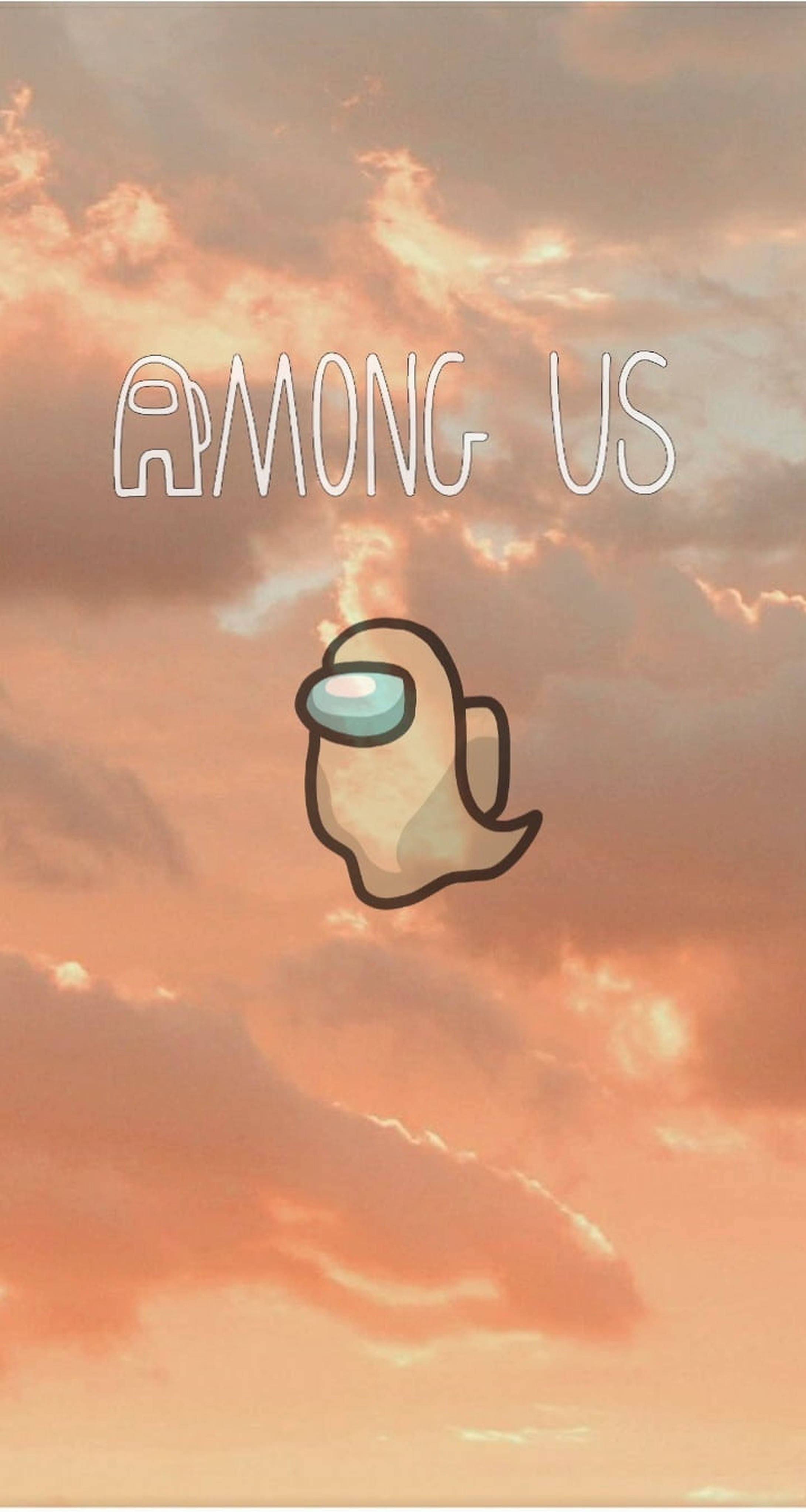 US 桌布 壁紙 — 一個卡通Among Us船員漂浮在柔和粉紅和橙色日落天空上，遊戲標題寫在上面。