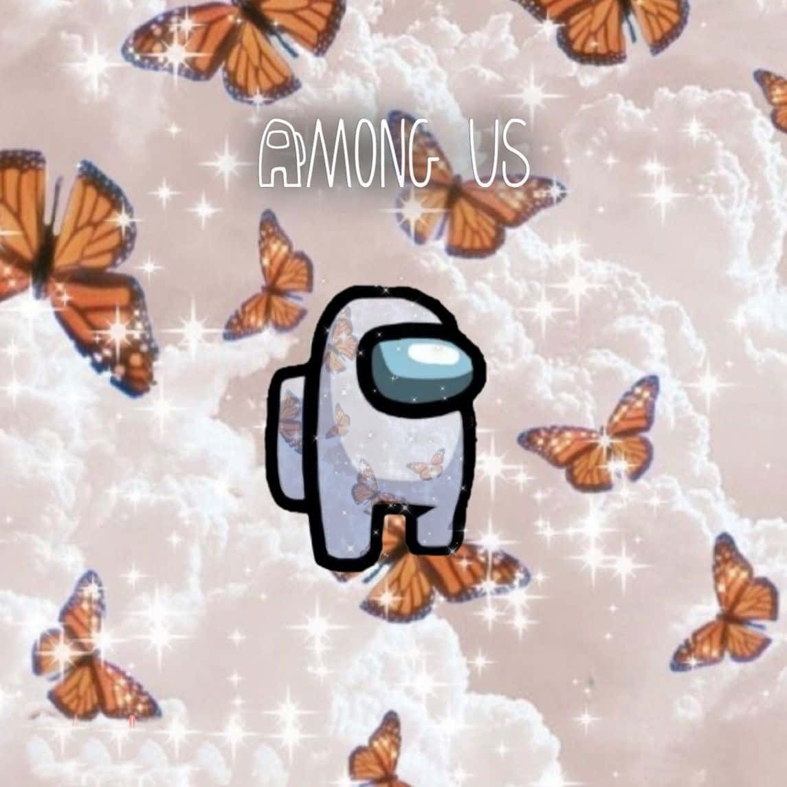 Among Us角色被蝴蝶和閃光包圍在夢幻的天空中。 — Among US 壁紙