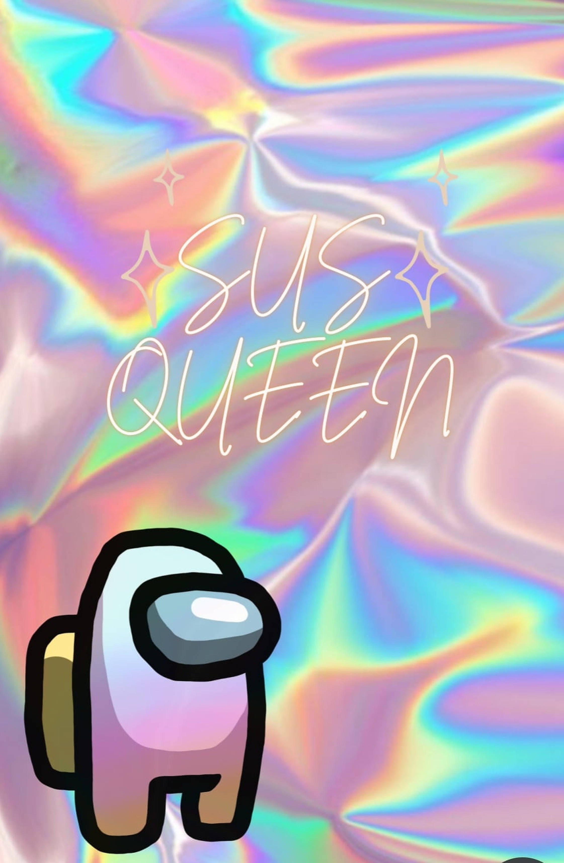 US 桌布 壁紙 — 一個卡通Among Us角色站在閃爍的彩虹色背景前，帶有「SUS QUEEN」文字。