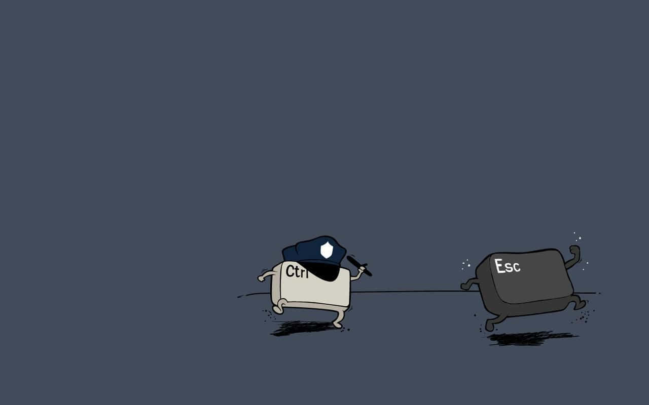 Keyboard Aesthetic 桌布 壁紙 — 一個卡通Ctrl鍵戴著警察帽在深灰色背景上追趕Esc鍵。