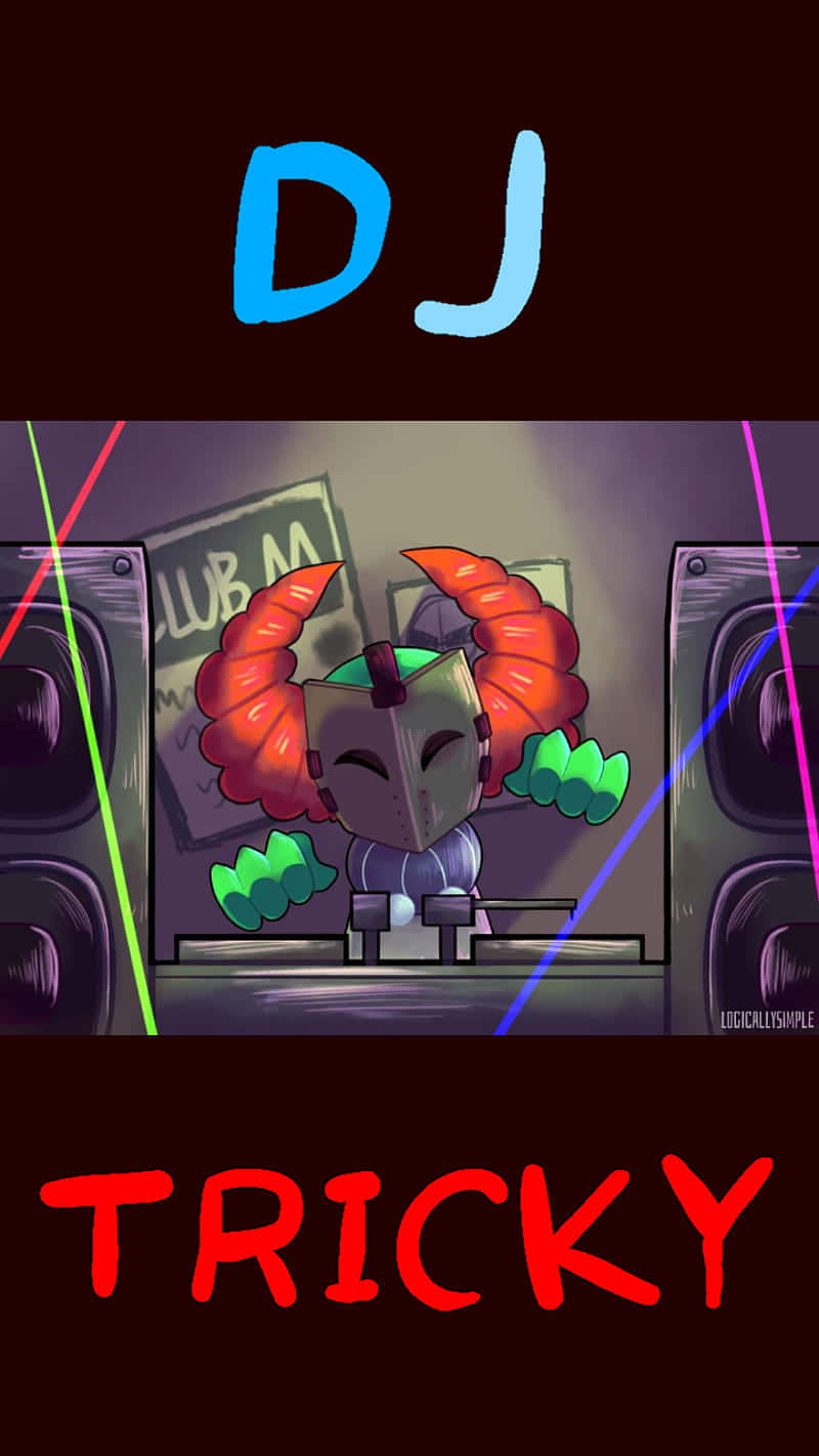 卡通DJ，長有紅色角和綠色手，在霓虹燈照亮的俱樂部中混音。 — DJ GIF 壁紙
