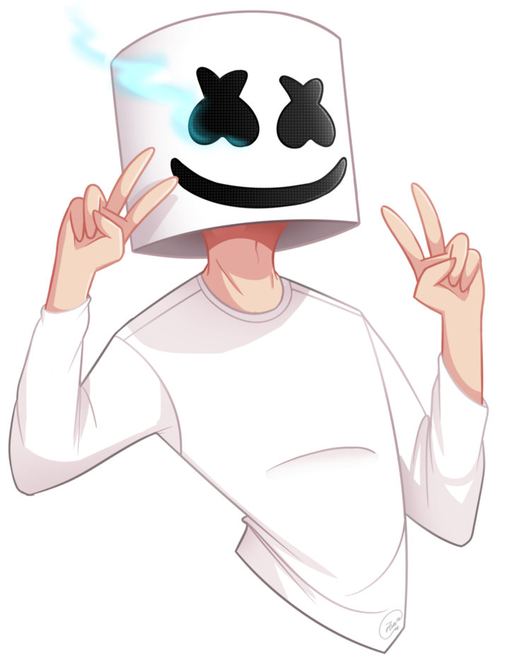 Marshmello 動態圖 桌布 壁紙 — 一個卡通DJ戴著白色棉花糖頭盔，在黑白圓點背景前做出和平手勢。