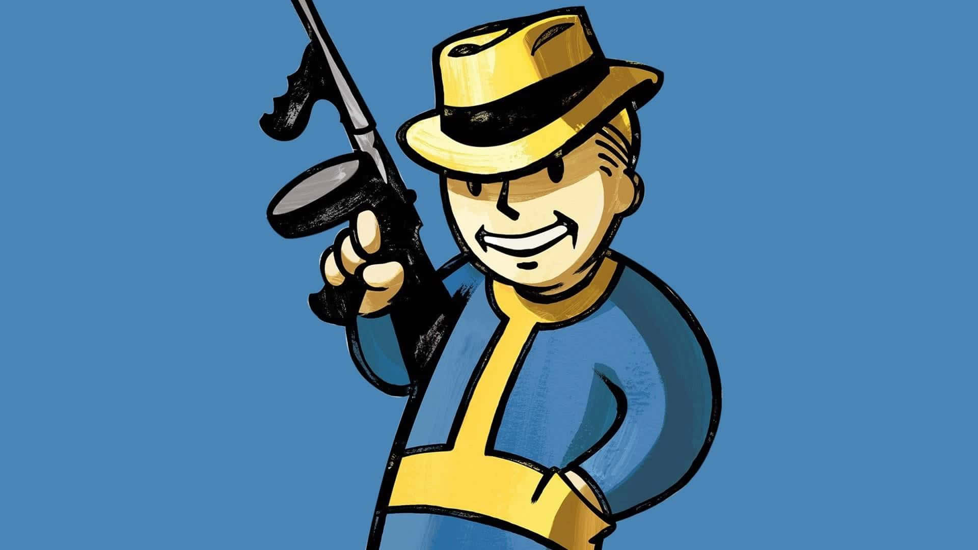 Fallout Shelter 桌布 壁紙 — 一個卡通Vault Boy戴著黃色帽子和藍色連身衣，手持步槍，在純藍色背景上露出愉快的笑容。