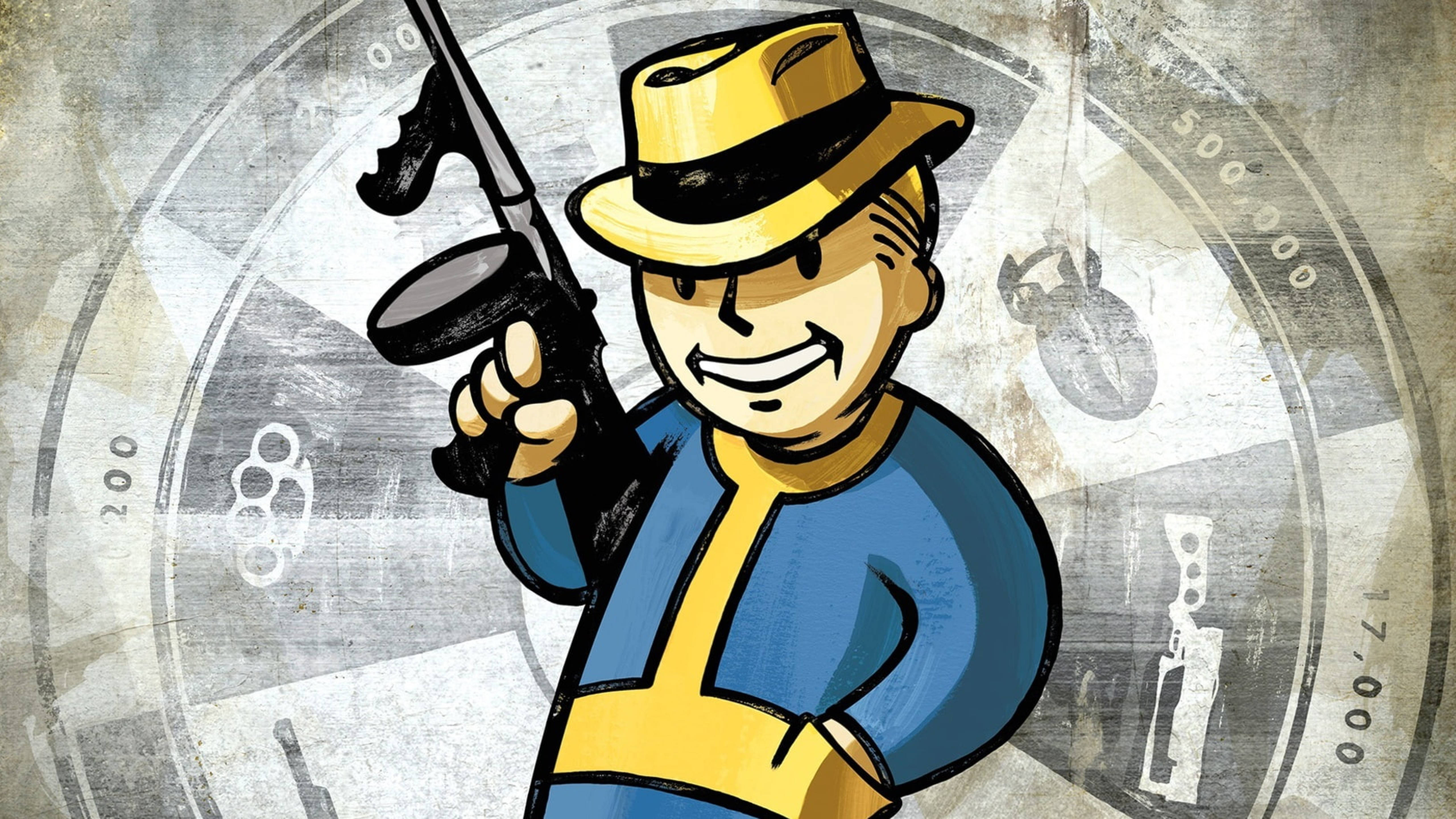 Fallout 4 桌布 壁紙 — 一個卡通Vault Boy戴著黃色帽子和藍色連身衣，拿著槍，背景是骯髒的圓形，上面有數字和符號。