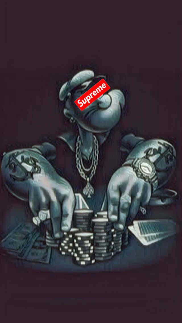 Bugs Bunny Supreme 桌布 壁紙 — 一個卡通人物，臉部是Supreme標誌，在昏暗的桌子上堆疊籌碼。