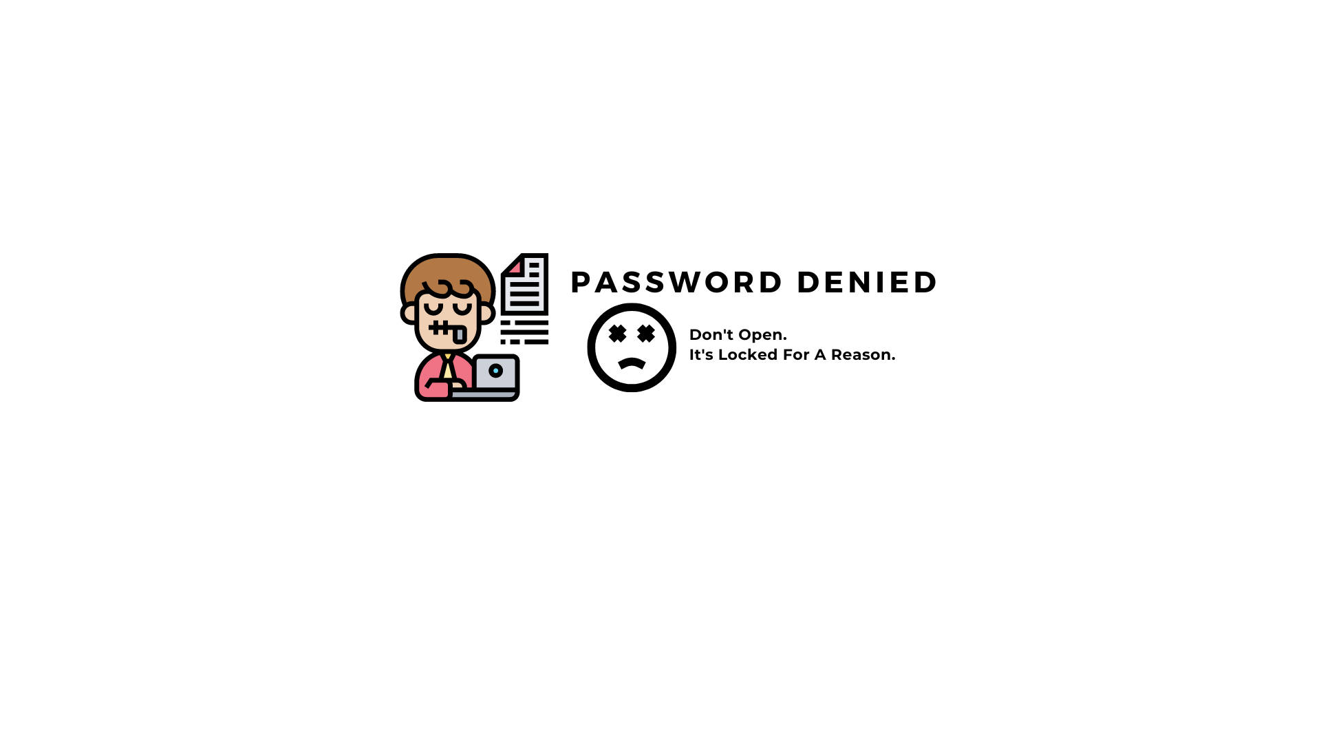 鎖屏 桌布 壁紙 — 一個卡通人物在帶有悲傷臉圖示的「PASSWORD DENIED」訊息旁邊沮喪地打字。