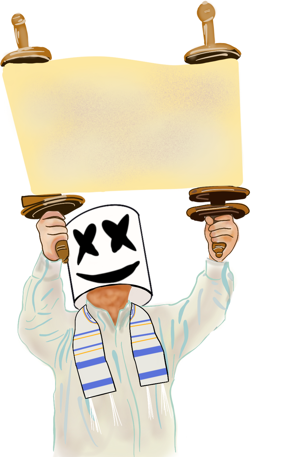 Marshmello 動態圖 桌布 壁紙 — 一個卡通人物戴著白色面具，眼睛呈X形，圍著圍巾，在黑色背景前舉起一個大的空白卷軸。