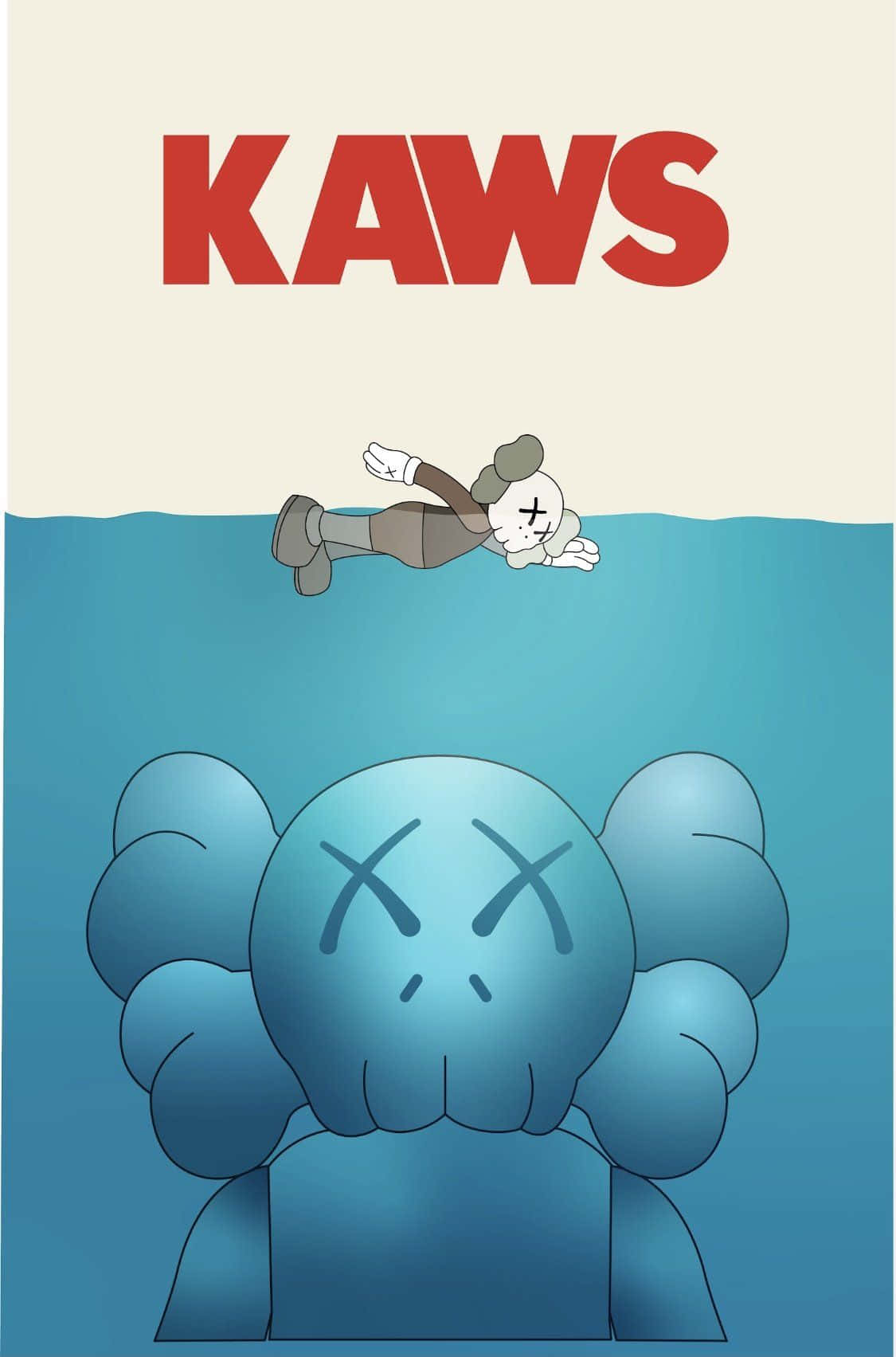 Cool Kaws 桌布 壁紙 — 一個卡通人物漂浮在水面上，而一個藍色大KAWS角色用X形眼睛從下方向上凝視。