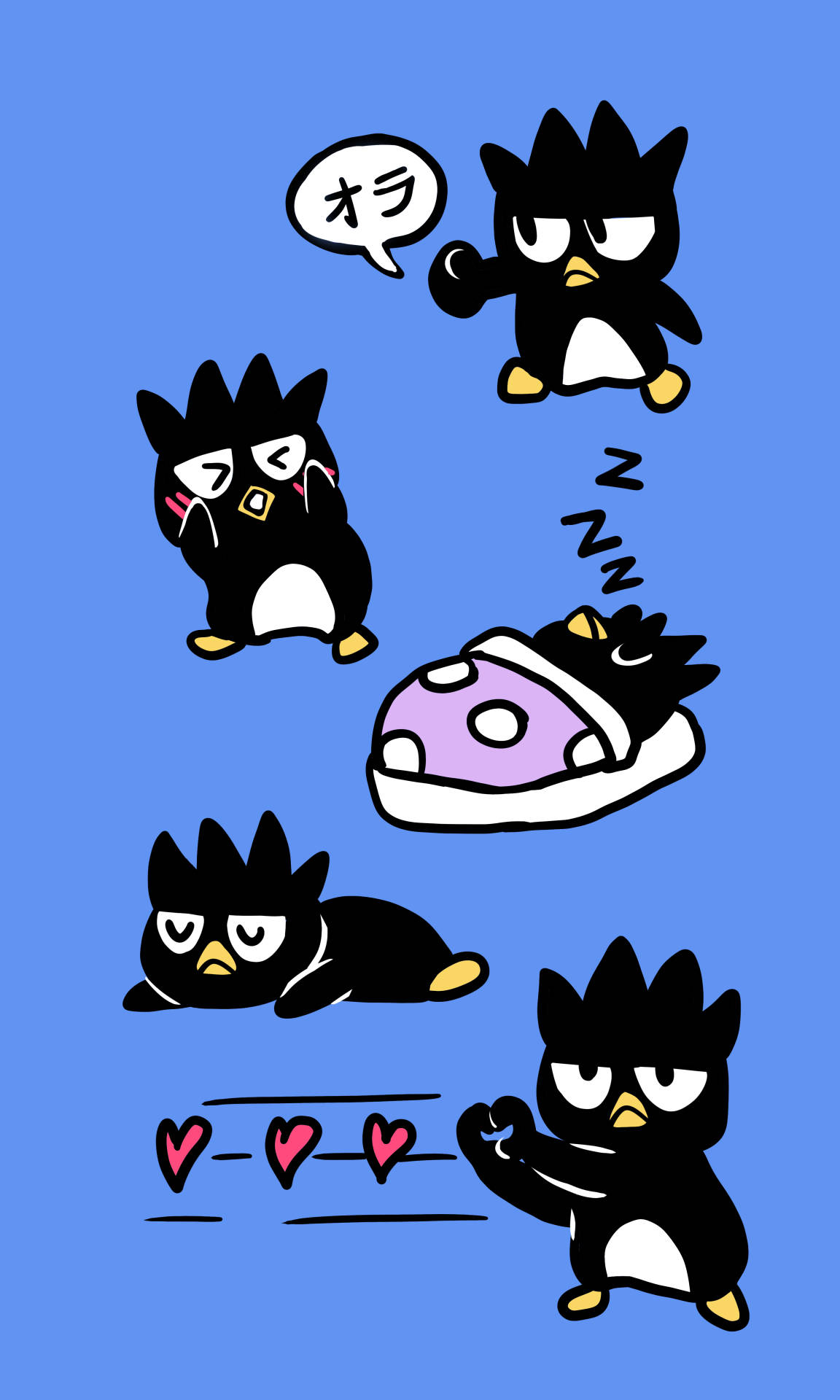 Badtz Maru 桌布 壁紙 — 一個卡通企鵝角色在純藍色背景上擺出各種俏皮姿勢。