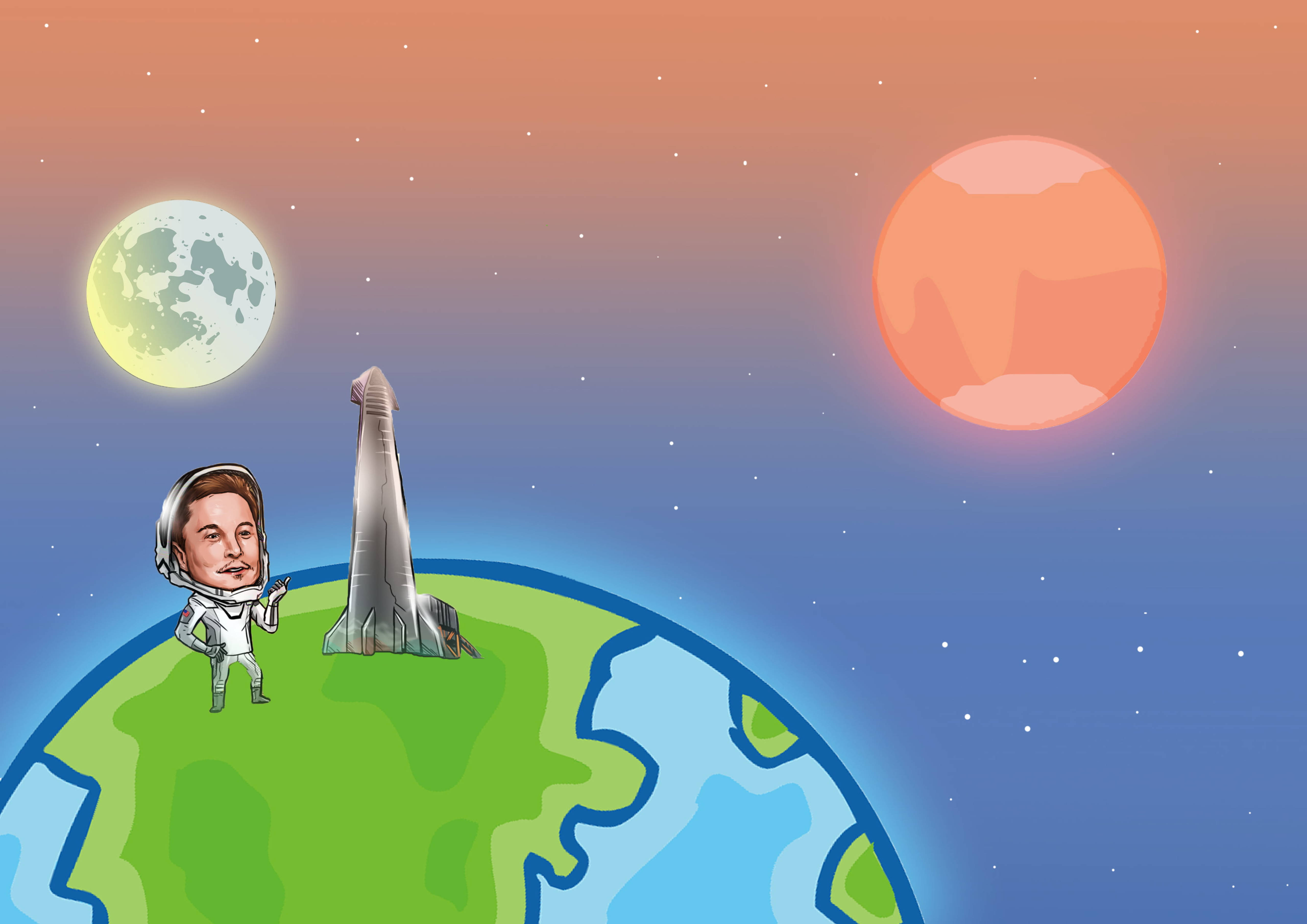 Elon 桌布 壁紙 — 一個卡通伊隆·馬斯克穿著太空衣站在風格化的地球上，旁邊是火箭，星空中有月亮和橙色行星。