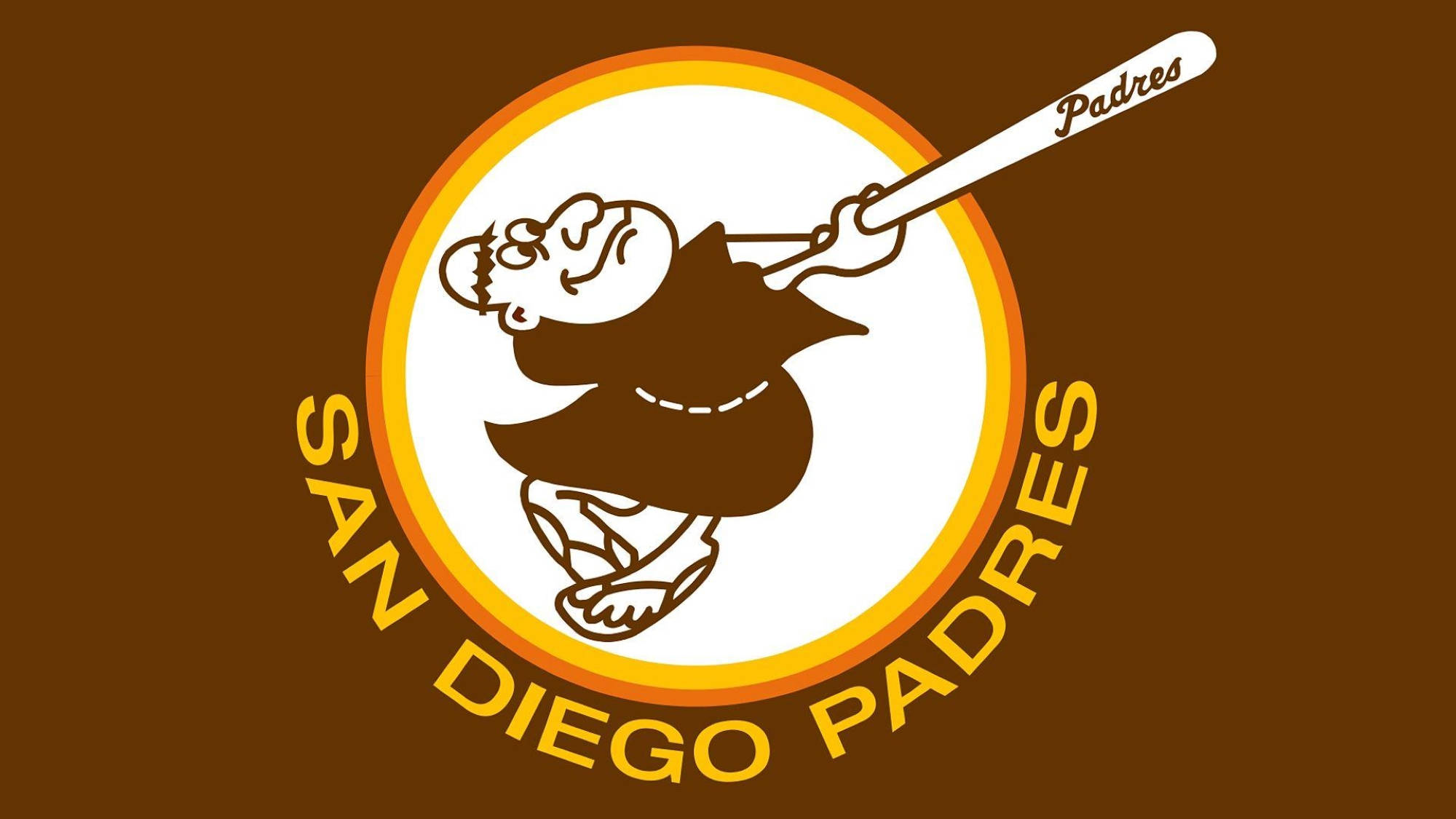 Padres 桌布 壁紙 — 一個卡通修士在一個圓形標誌中揮動棒球棒，標誌上有 'San Diego Padres' 文字，背景為棕色。