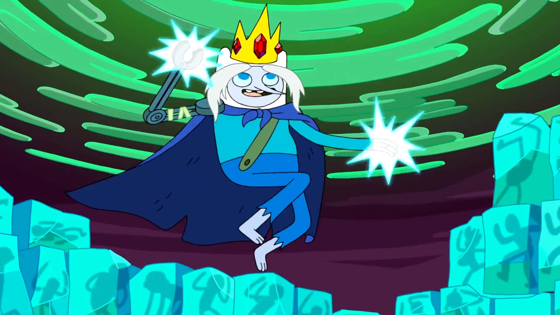 Adventure Time Cute 桌布 壁紙 — 一個卡通冰王穿著藍色長袍和皇冠，在一個被冰塊包圍的旋轉綠色虛空中揮舞著發光的魔法。