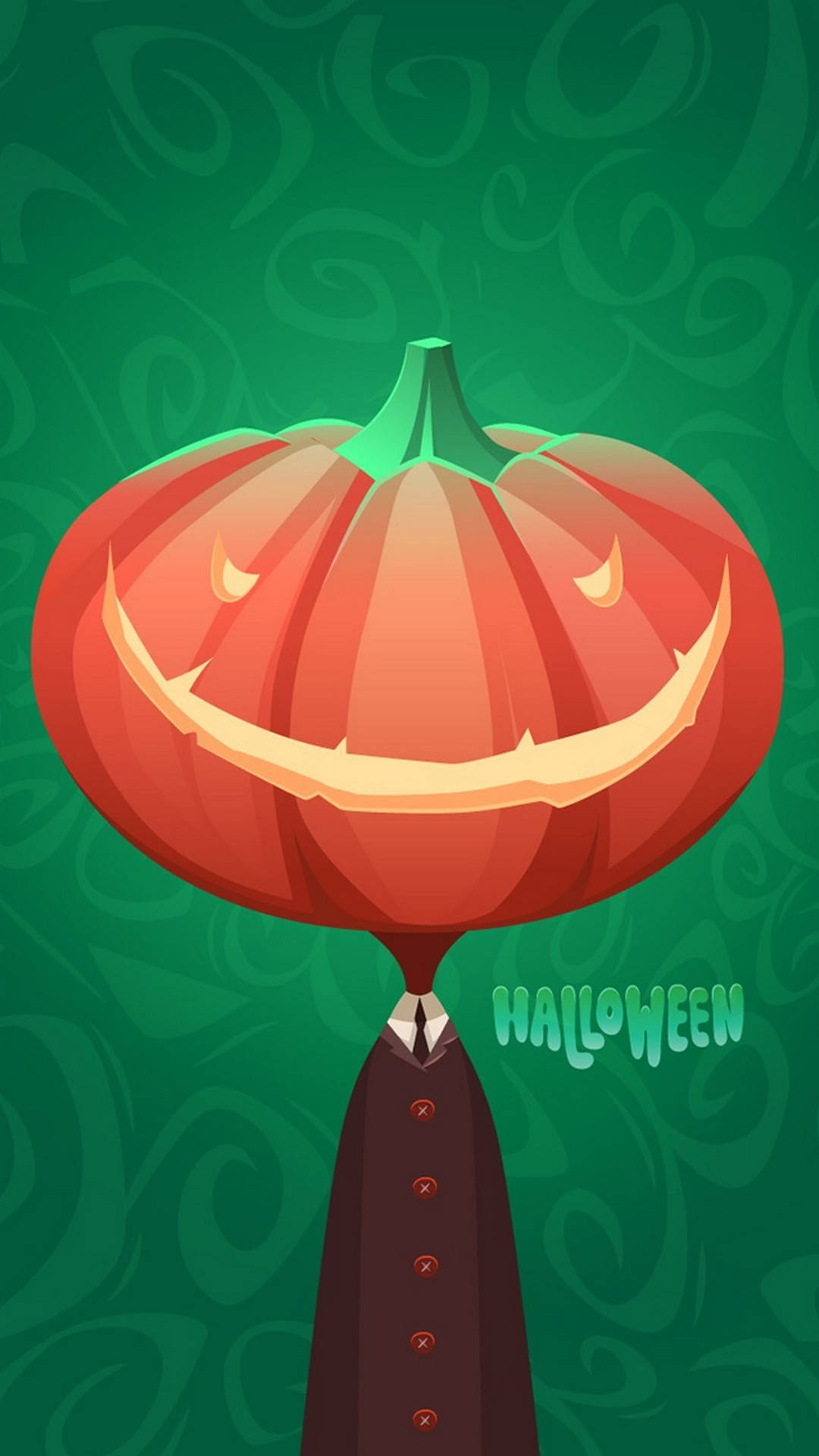 Cute Halloween Phone 桌布 壁紙 — 一個卡通南瓜，咧嘴大笑，眼睛發光，穿著深色西裝，背景是旋轉的綠色，帶有「HALLOWEEN」文字。