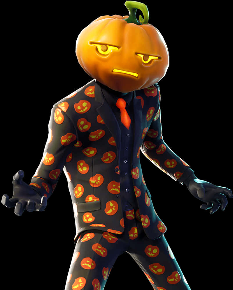 Fortnite 桌布 壁紙 — 一個卡通南瓜頭角色，穿著萬聖節主題西裝，有著發光的黃色眼睛和皺眉的表情。