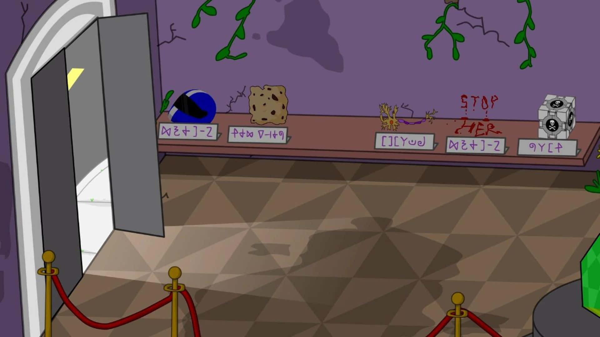 Bfdi 桌布 壁紙 — 一個卡通博物館展覽展示海綿寶寶和其他角色在紅繩後面，附有塗鴉和神秘標籤。
