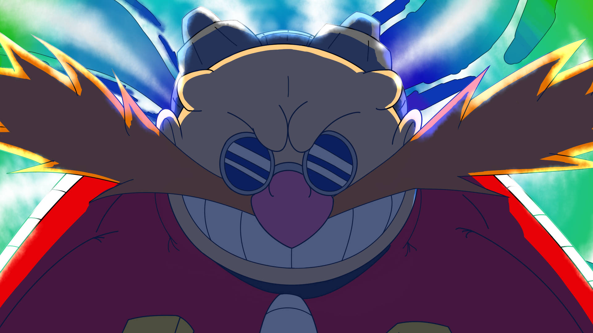 Eggman 桌布 壁紙 — 一個卡通反派角色，咧嘴大笑，戴著護目鏡，在充滿活力的藍色和綠色背景前散發能量。