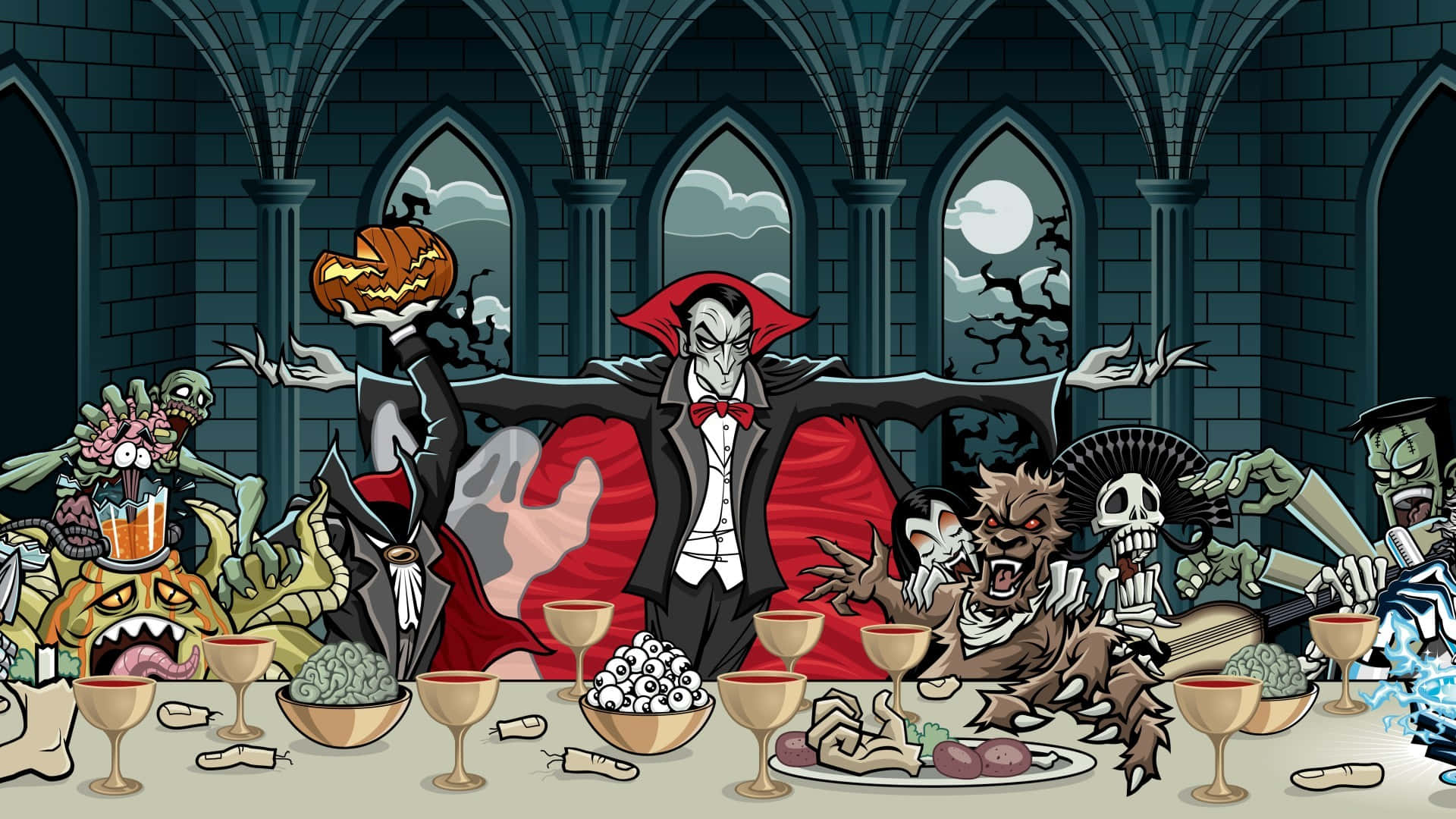 dracula 桌布 壁紙 — 一個卡通吸血鬼在哥德式城堡大廳中，與殭屍、狼人和骷髏舉辦了一場怪誕的萬聖節盛宴。