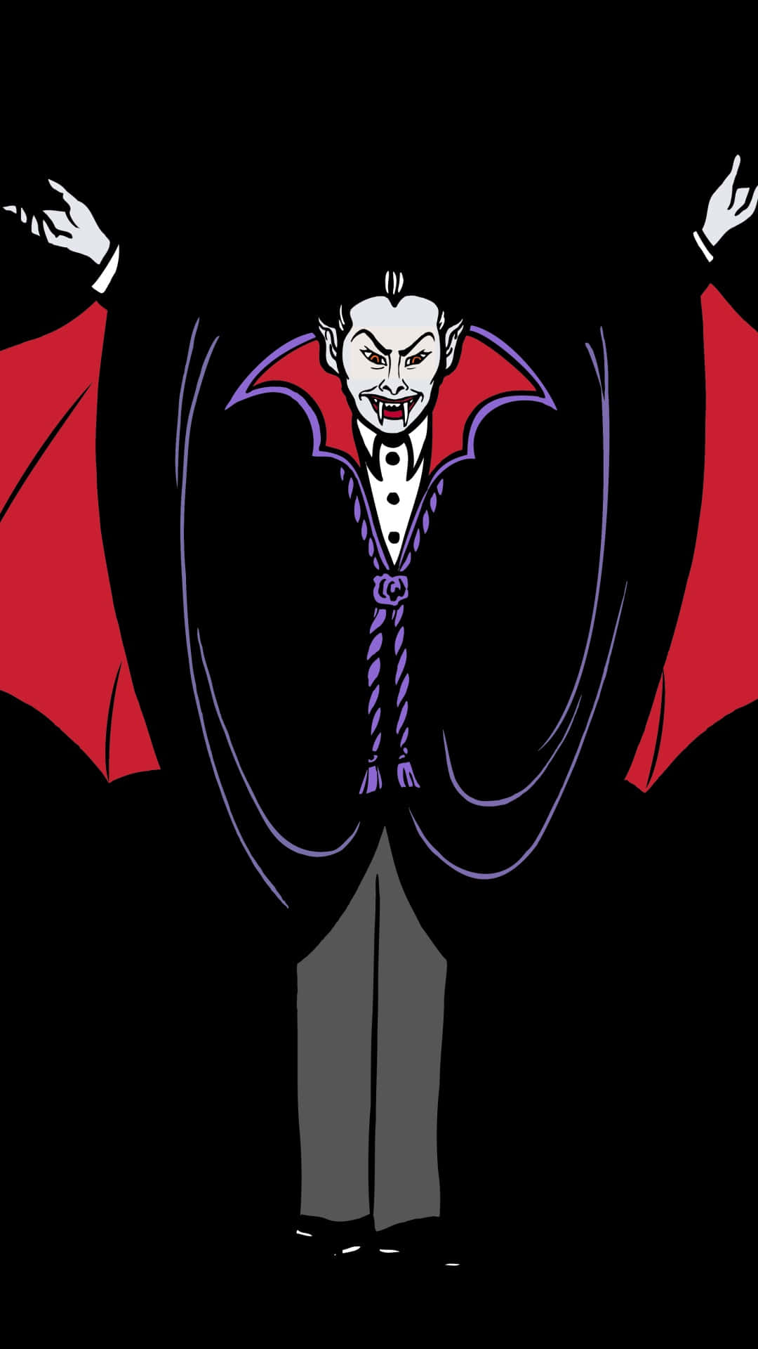 Dark Vampire 桌布 壁紙 — 一個卡通吸血鬼穿著紅色斗篷和紫色西裝，張開雙臂，在黑色背景前威嚇地站立。