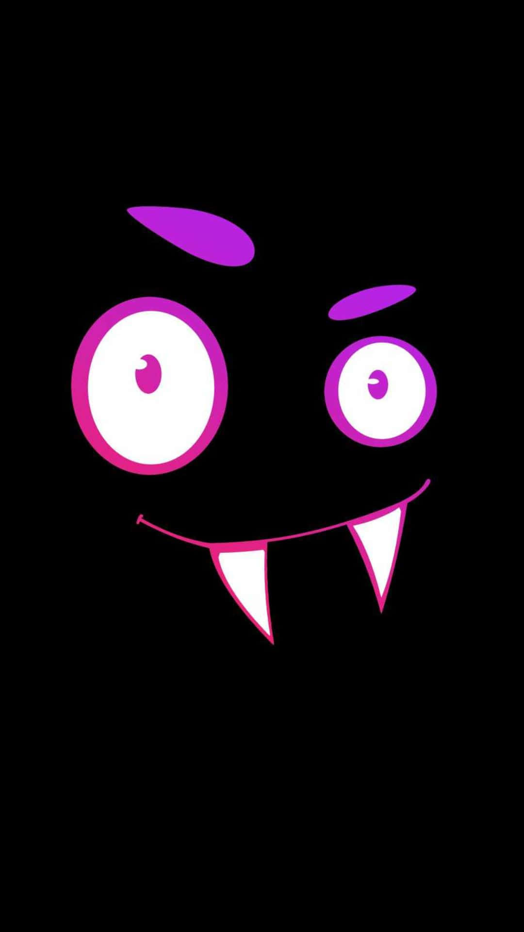 Kawaii Monster 桌布 壁紙 — 一個卡通吸血鬼面孔，帶有紫色眼睛、尖牙和眉毛，在黑色背景上發光。