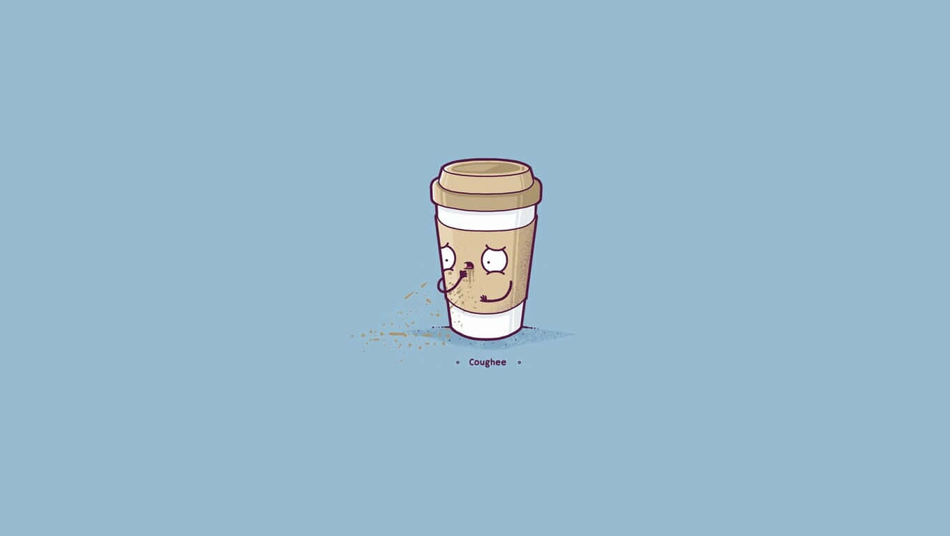 Minimalist Coffee 桌布 壁紙 — 一個卡通咖啡杯，帶著疲憊的表情，咖啡渣從嘴裡溢出，背景是純藍色。