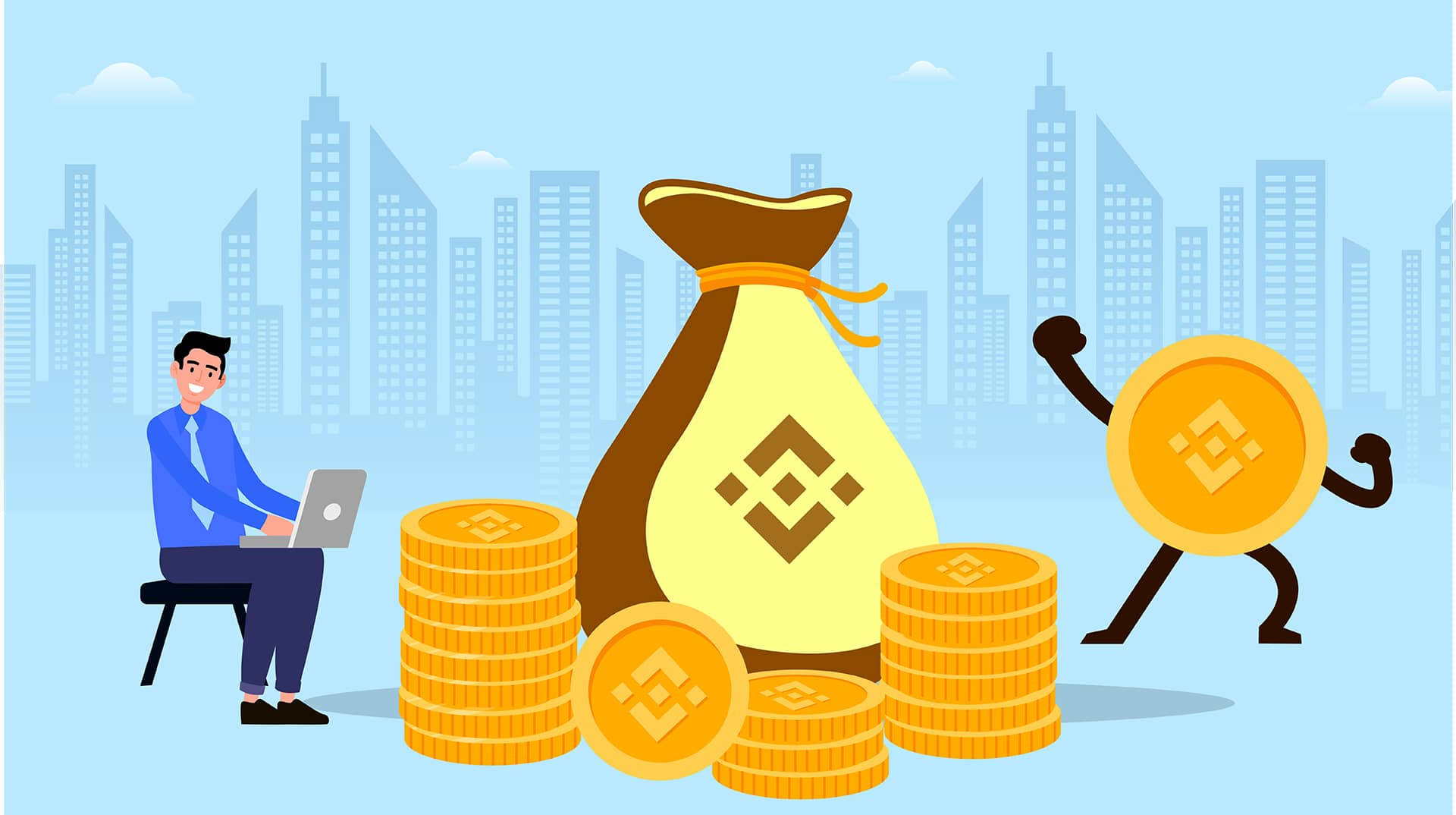Binance 桌布 壁紙 — 一個卡通商人在筆記型電腦旁工作，旁邊有堆積如山的比特幣硬幣和一個巨大的錢袋，還有一個肌肉發達的硬幣角色在歡呼。