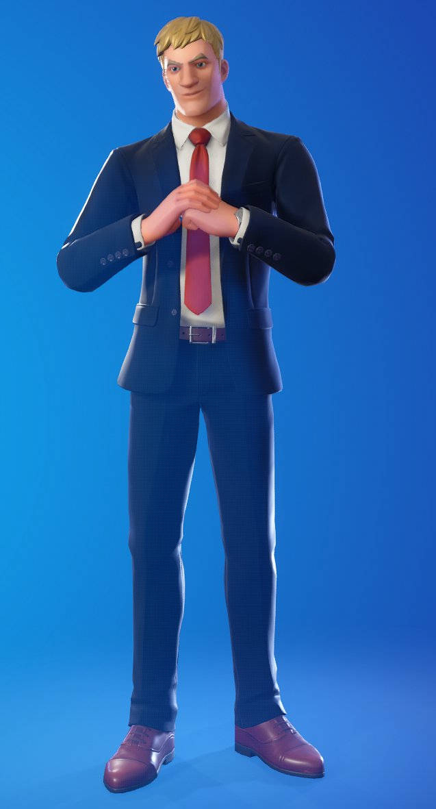 Fortnite 造型 桌布 壁紙 — 一個卡通商人穿著深色西裝和紅色領帶，自信地站在純藍色背景前。