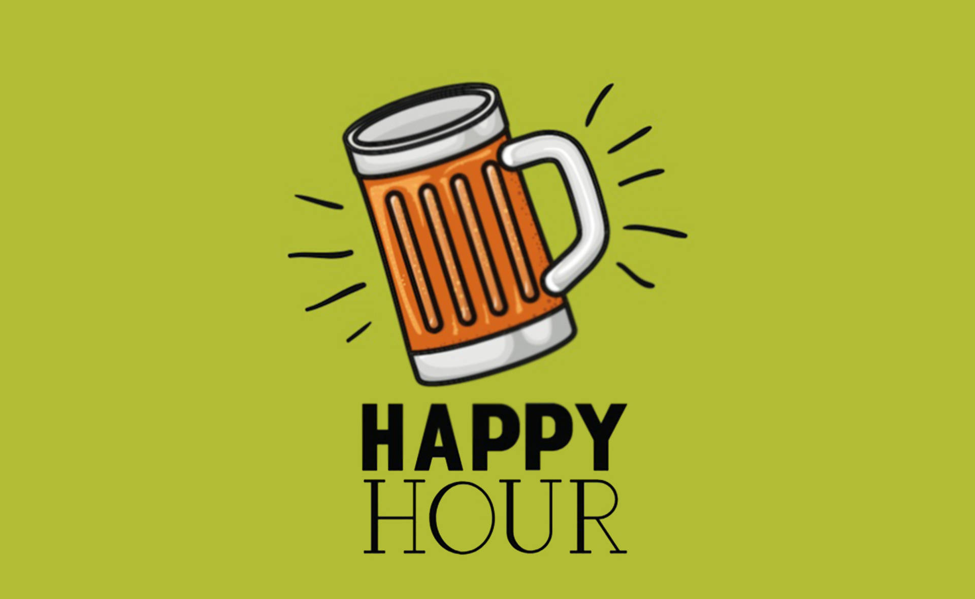 Hour 桌布 壁紙 — 一個卡通啤酒杯，帶有泡沫和放射線，綠色背景上寫有「HAPPY HOUR」文字。