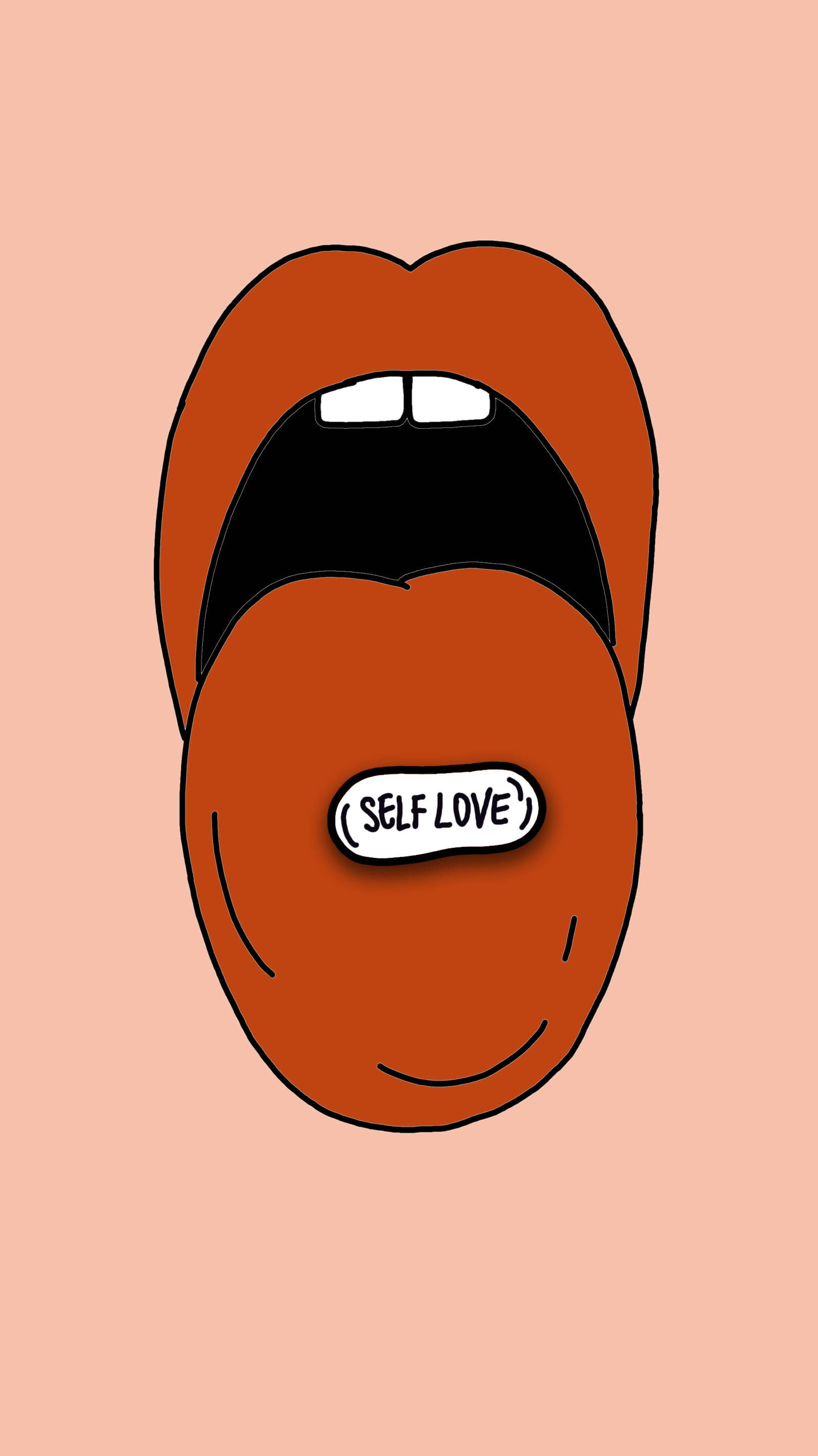Love Drawings 桌布 壁紙 — 一個卡通嘴巴，微笑的舌頭拿著一張寫著 self love 的貼紙，背景是柔和的蜜桃色。