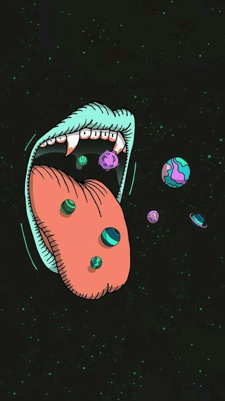 Psychedelic Grunge 桌布 壁紙 — 一個卡通嘴巴，有尖銳的牙齒和舌頭，正在吞嚥色彩繽紛的行星，背景是星空黑色。