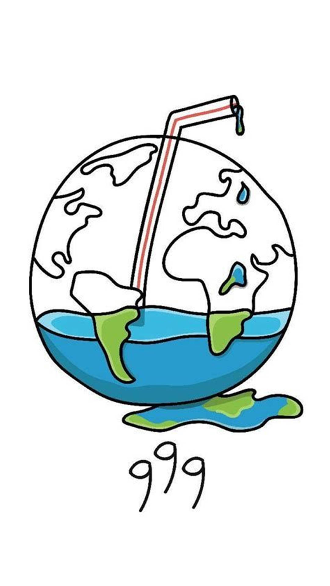 卡通地球有吸管滴出水，大陸漂浮在水坑中。 — Juice Wrld 壁紙