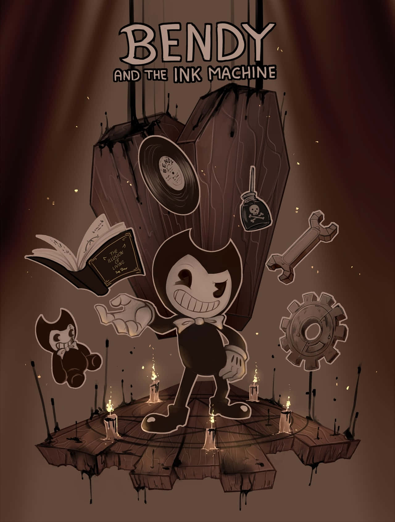 Bendy 桌布 壁紙 — 一個卡通墨水漬角色站在一個漂浮的木製平台上，周圍環繞著蠟燭、齒輪和恐怖物品，背景為復古褐色調的詭異場景。