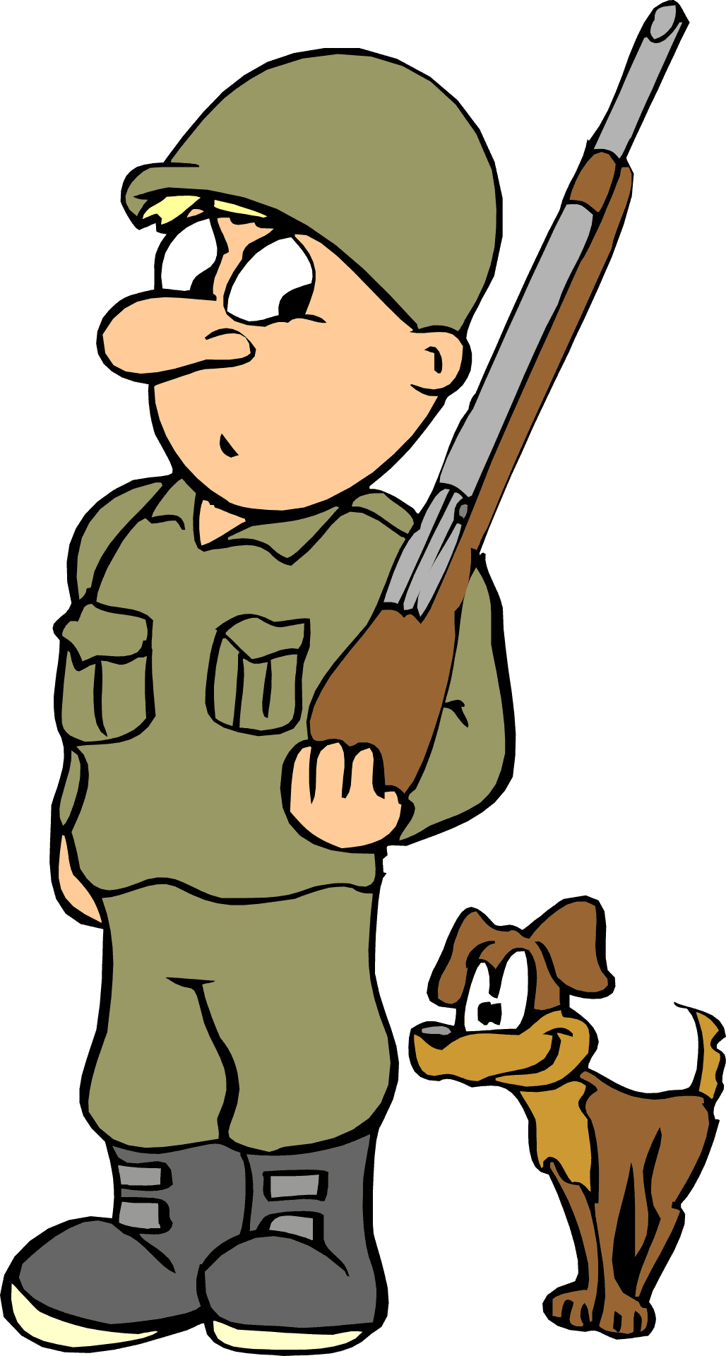 戰爭動圖 桌布 壁紙 — 一個卡通士兵穿著橄欖色制服，手持步槍，一隻棕色狗站在他旁邊，兩者都睜大眼睛。