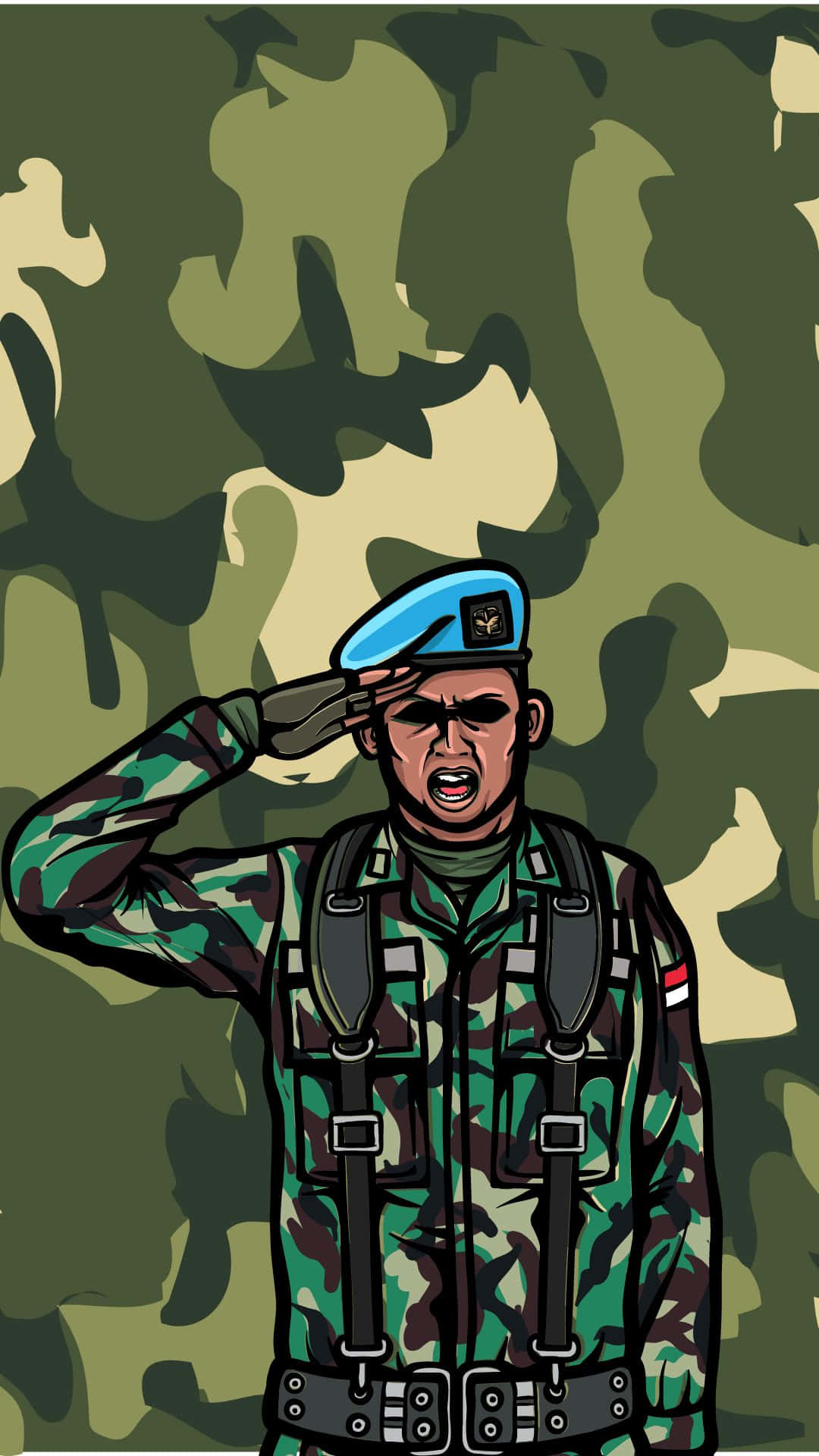 軍事動圖 桌布 壁紙 — 一個卡通士兵穿著迷彩制服，戴著藍色貝雷帽，在相配的迷彩背景下敬禮。
