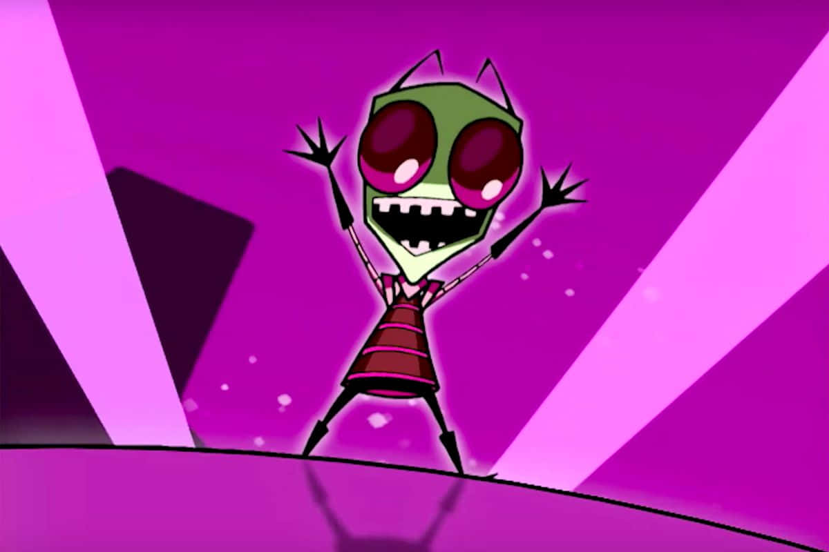 Invader Zim 桌布 壁紙 — 一個卡通外星人，有著大大的紅眼睛和尖牙，在紫色舞台燈光下快樂地跳舞。