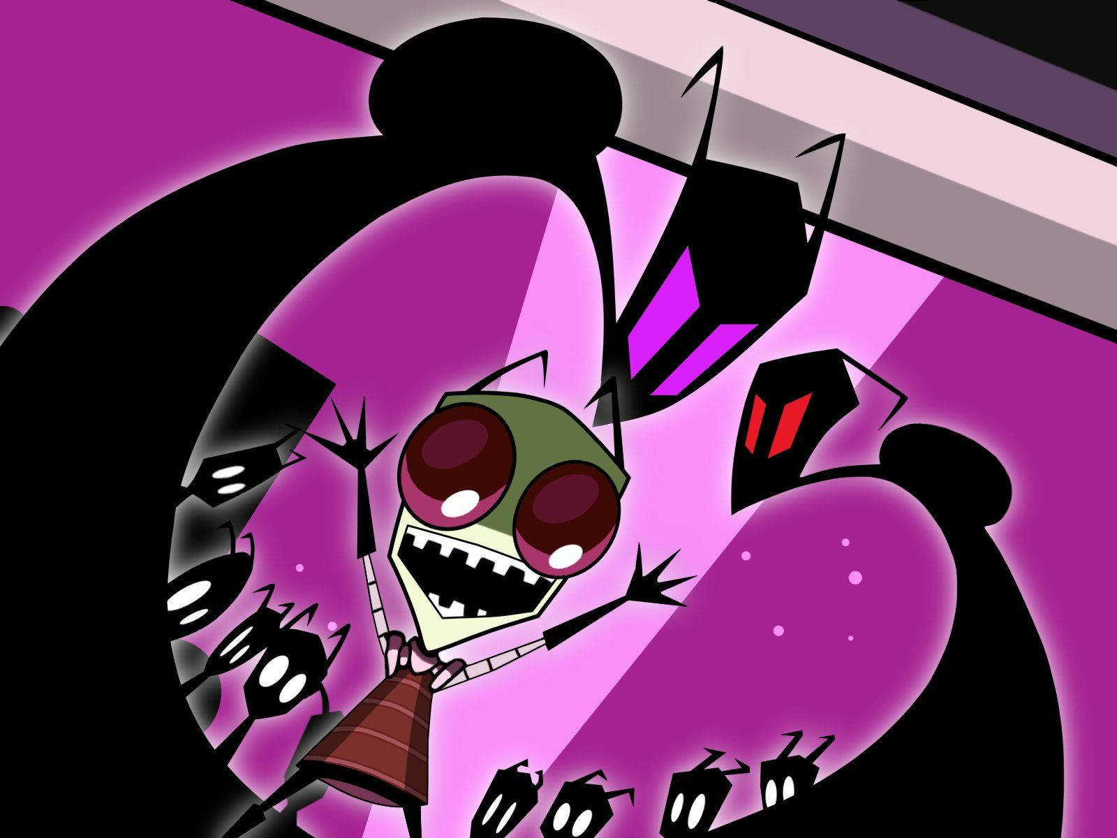 Invader Zim 桌布 壁紙 — 一個卡通外星人，有著大大的紅色眼睛和尖銳的牙齒，在充滿活力的紫色背景上被黑色陰影生物包圍，瘋狂地大笑。