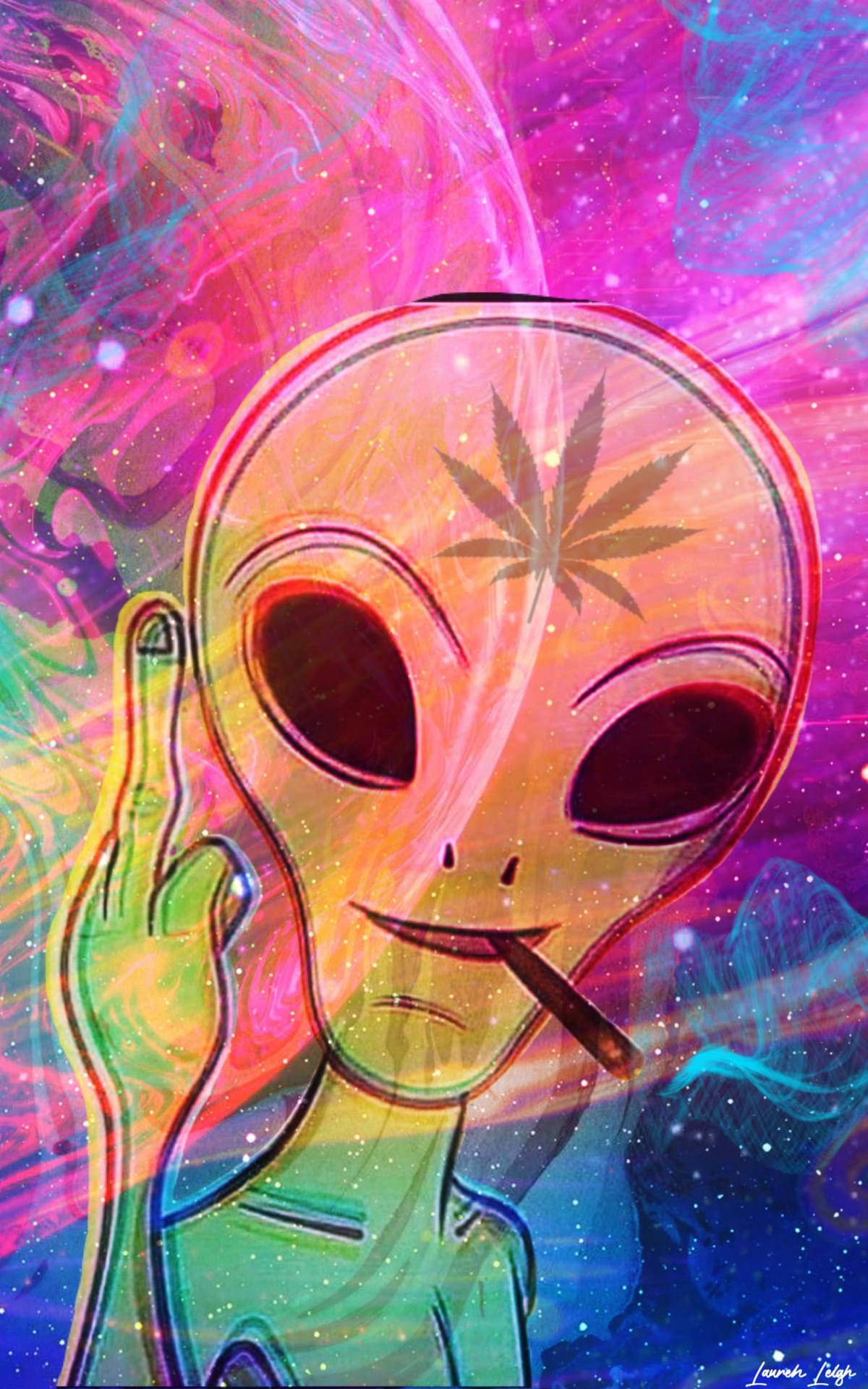 帶有大麻刺青的外星人在宇宙漩渦中抽煙並豎起中指 — 大麻 壁紙
