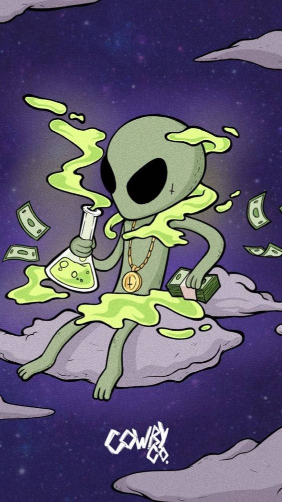 Cool Alien 桌布 壁紙 — 一個卡通外星人帶著發光的綠色黏液坐在雲上，手持燒杯和現金，背景是繁星點點的紫色天空。