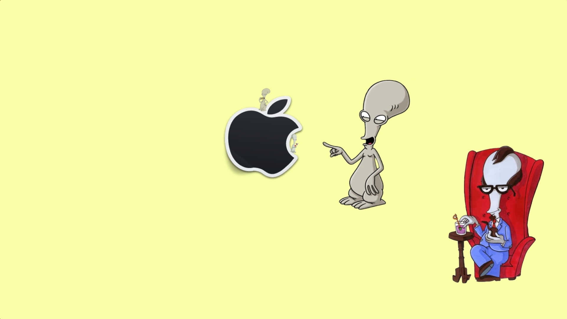 Cartoon Alien 桌布 壁紙 — 一個卡通外星人指著一個Apple標誌，而一個坐在紅色椅子上的男人在淡黃色背景下喝咖啡。