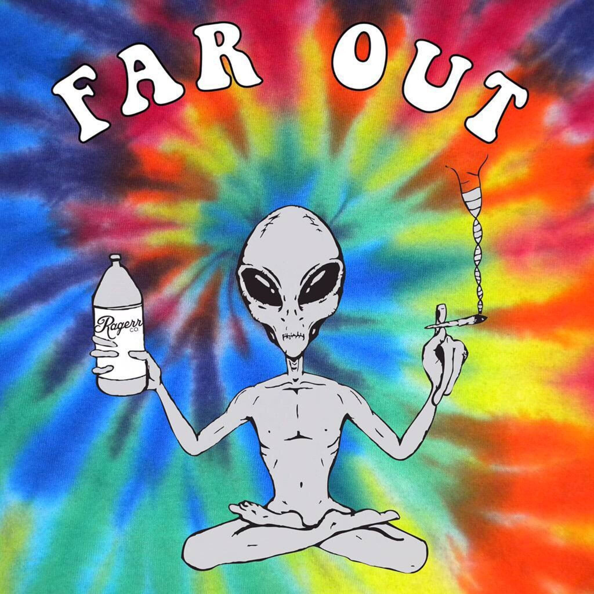 迷幻 桌布 壁紙 — 一個卡通外星人盤腿冥想，背景是迷幻紮染，手持一個瓶子和一個帶有DNA鏈條的關節。