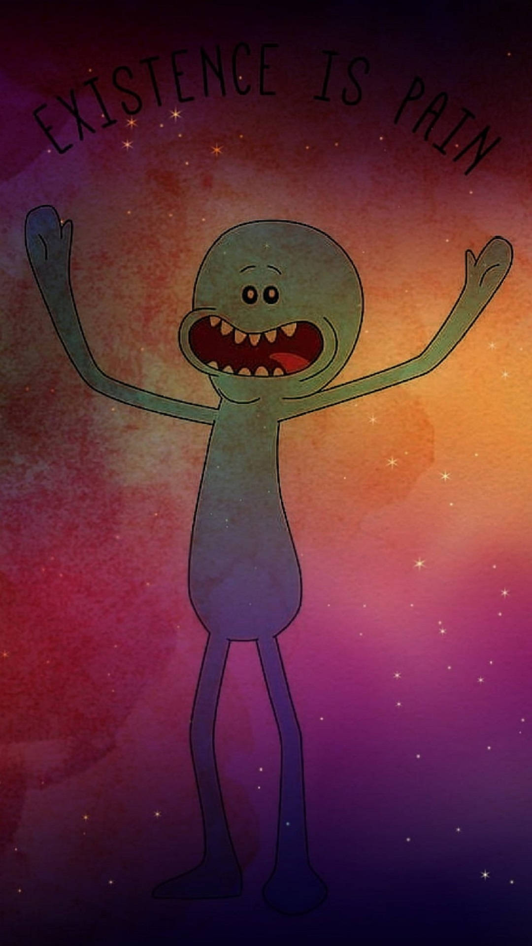Meeseeks 桌布 壁紙 — 一個卡通外星人舉起雙臂，站在充滿活力的宇宙背景前，文字為存在即痛苦。