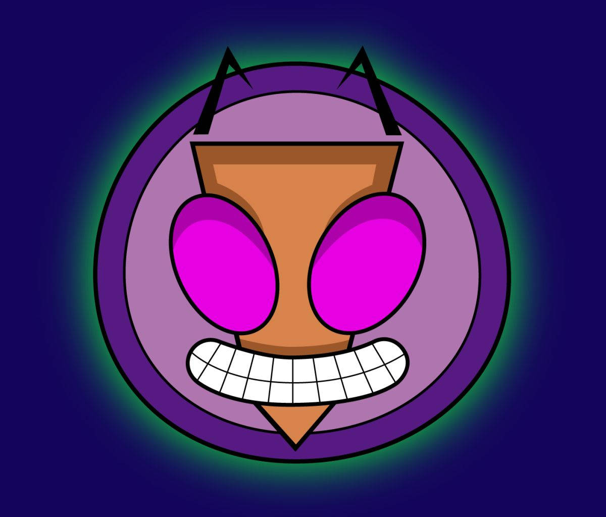 Invader Zim 桌布 壁紙 — 一個卡通外星人面孔，有粉紅色眼睛和尖銳牙齒，在深藍色背景上的紫色圓圈內發光。