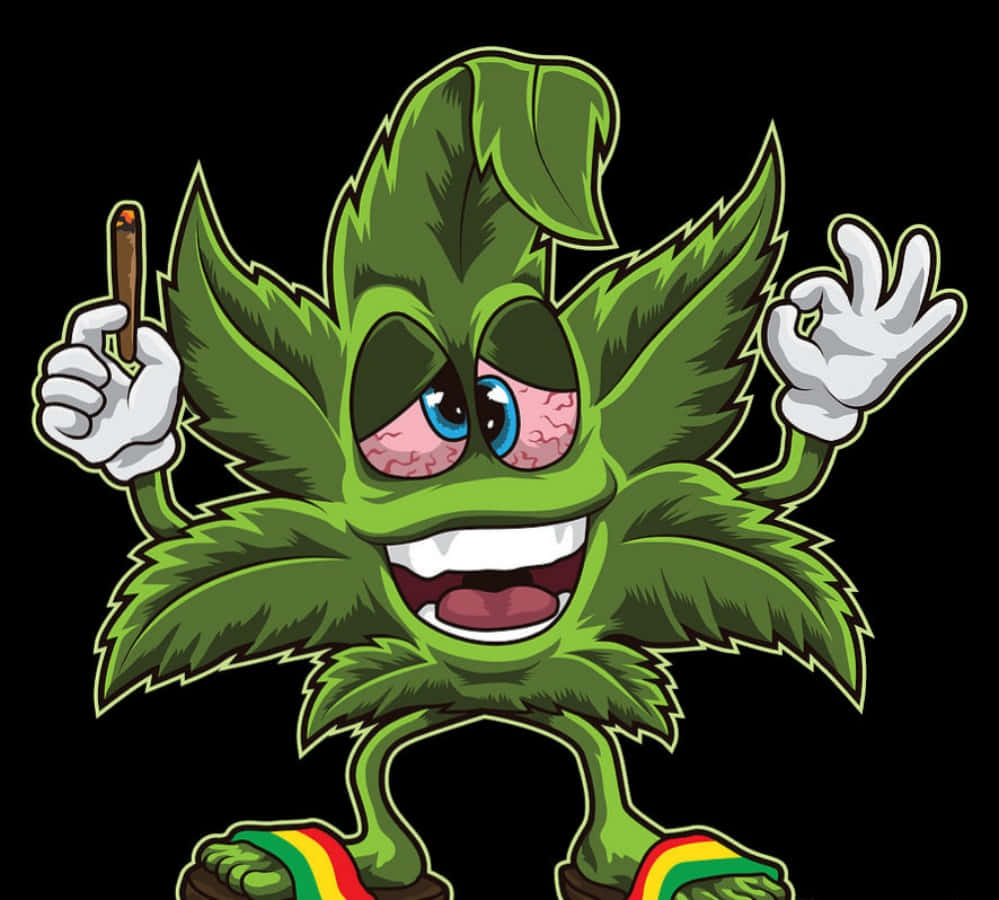Weed Funny 桌布 壁紙 — 一個卡通大麻葉角色，有一隻藍色眼睛和一隻粉紅色眼睛，拿著雪茄在黑色背景上愉快地揮手。