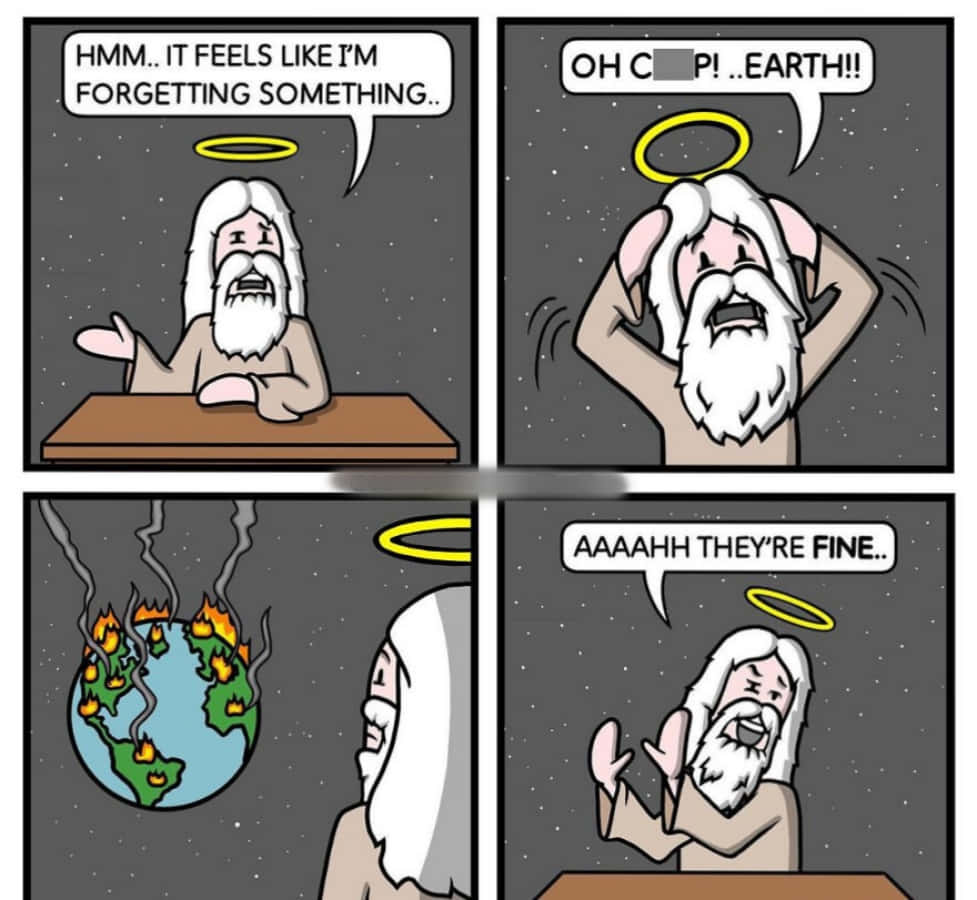 Dark Humor 桌布 壁紙 — 一個卡通天使意識到他忘記地球正在燃燒，驚慌失措後冷靜下來。