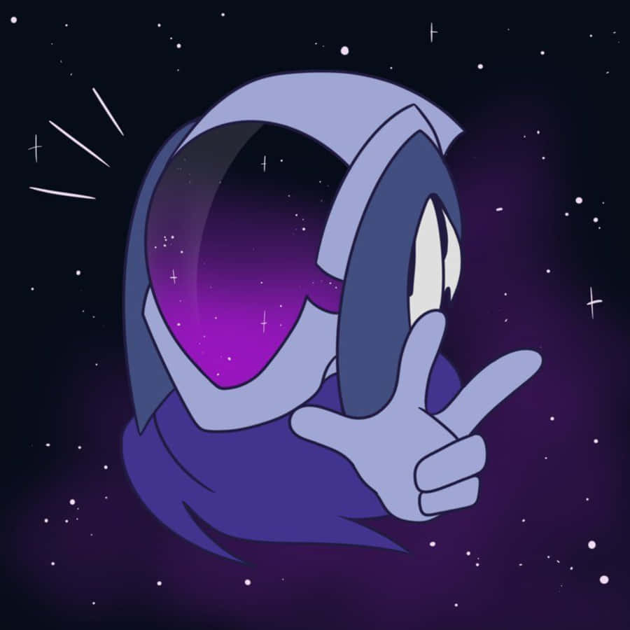 Discord 桌布 壁紙 — 一個卡通太空人，戴著紫色頭盔，頭盔內有星系，在繁星宇宙背景下自信地指著。
