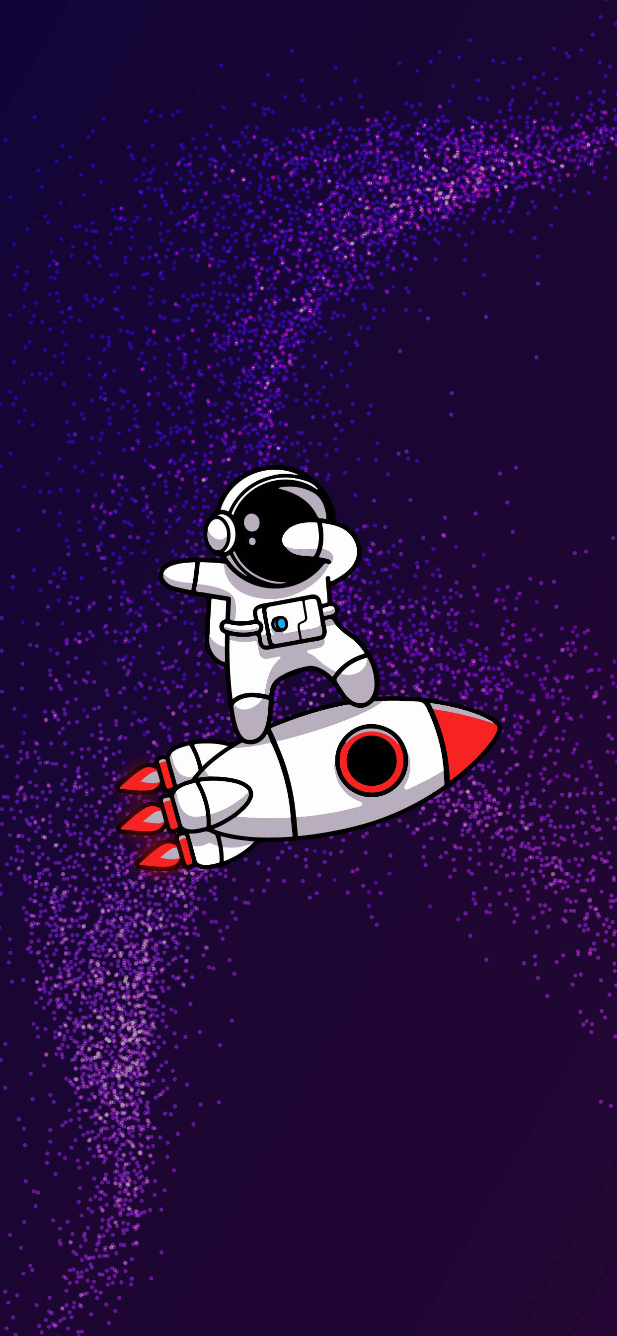 太空人 桌布 壁紙 — 一個卡通太空人乘坐火箭穿過閃爍的紫色星域，構成一個奇妙的太空場景。